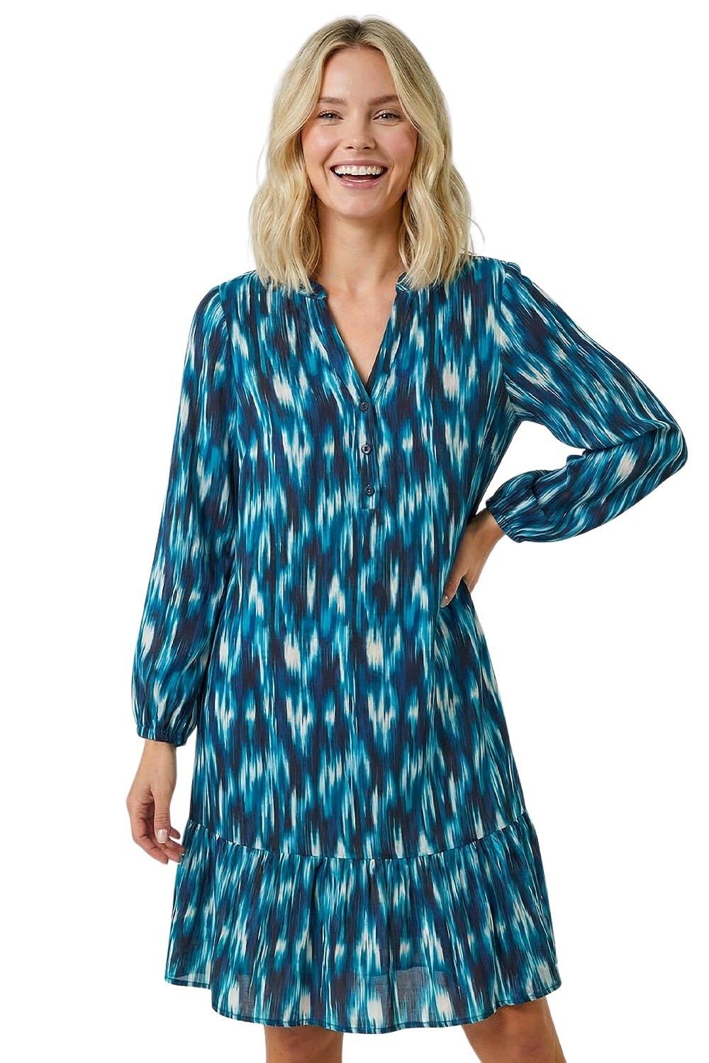 Roman Petite Women's Teal Ikat Print Tiered Hem Dress Size 18
