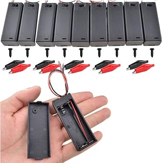 RUNCCI-YUN 10Pcs AA 1.5V Battery Holder Case Plastic Battery Storage Box with ON/Off Switch Case Cover Wire Leads+10 Crocodile Clips