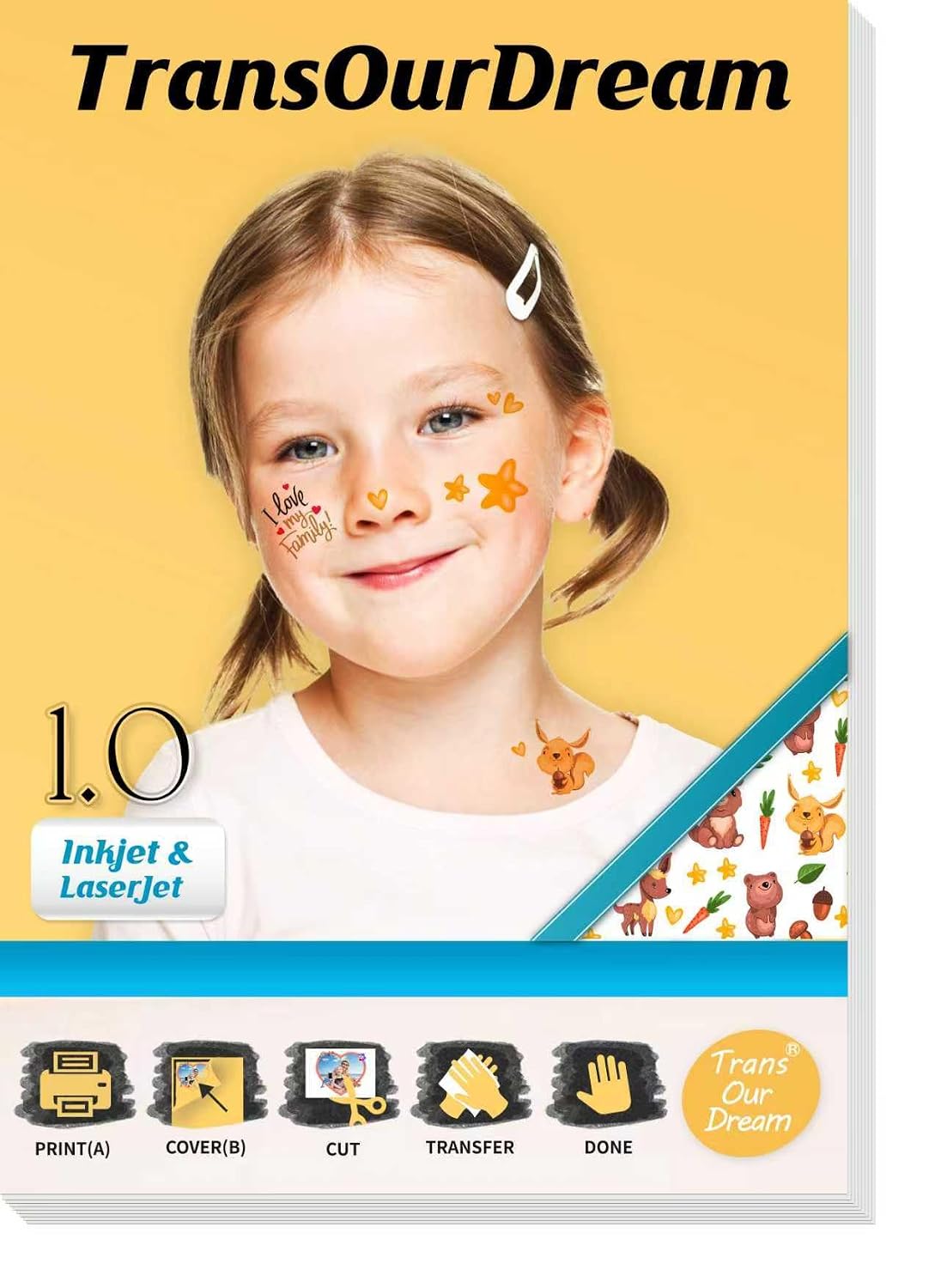 TransOurDream Transfer Paper printable sticker paper for skin Clear(8.5X11") for Laser/Inkjet Printer, DIY Custom Personalized for Birthday Party,weddings,Christmas,Halloween,20 Set(A+B)