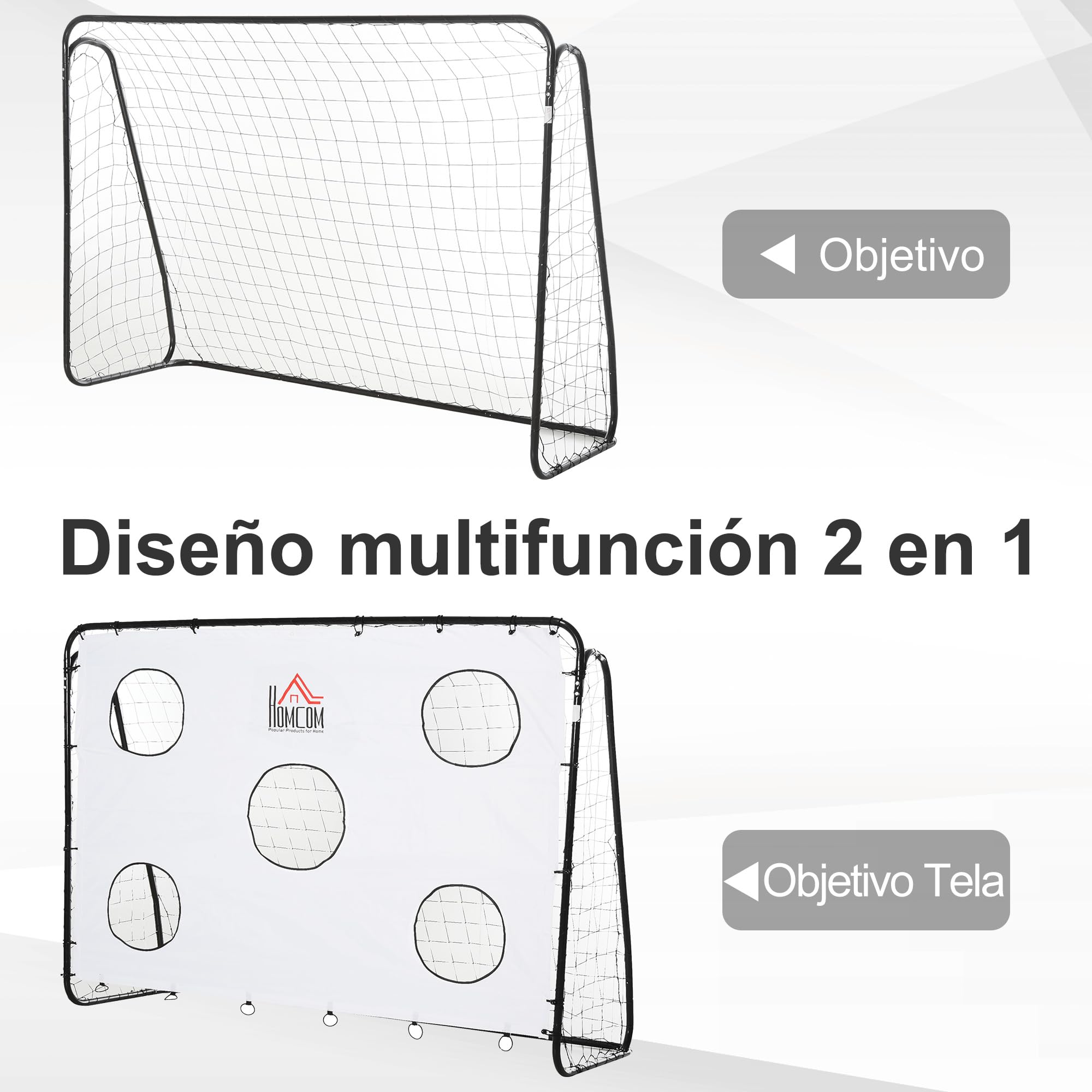 HOMCOM Portería de Fútbol Puerta de Fútbol con Soporte de Metal Lona de Precisión y Red para Entrenamiento de Fútbol en Jardín Aire Libre 240x88x174 cm Blanco