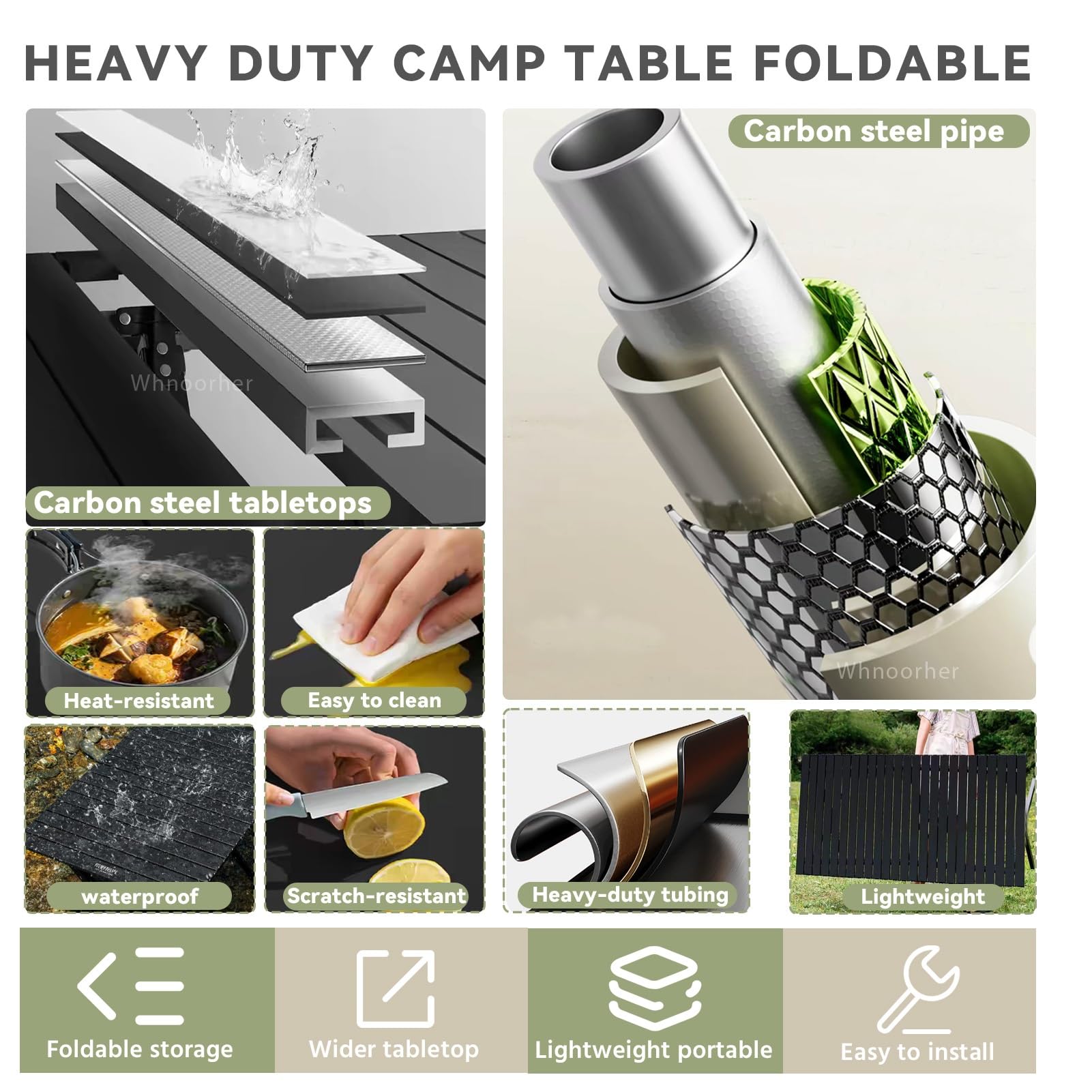 Mesa de Camping Marco de Acero Plegable con Bolsa de Transporte Superior Enrollable Mesas Impermeables de Acero al Carbono ultraligeras Pequeña Mesa utilitaria(Negro,60cm)