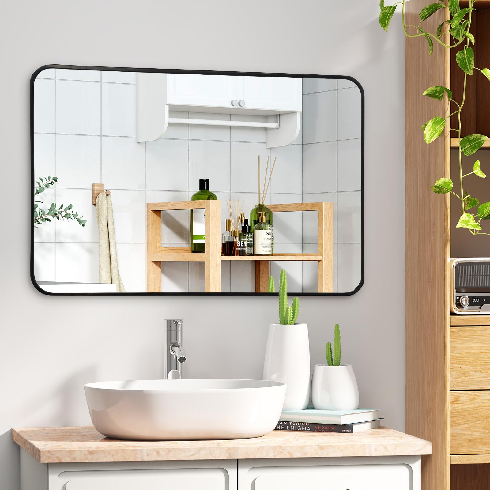 CROWNSHOP Rectangle Wall Mirror with White Aluminum Frame 90x60cm HD Glass & Rounded Corners, Vertical/Horizontal Hanging for Bathroom, Living Room, Hallway
