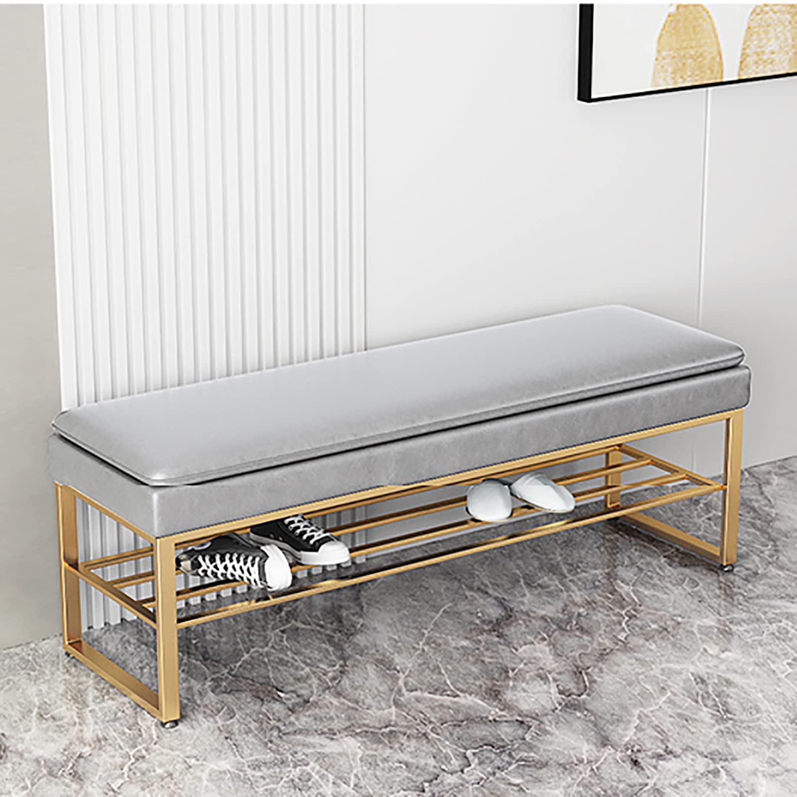Banc à chaussures moderne avec coussin moelleux et double rangement en cuir PU