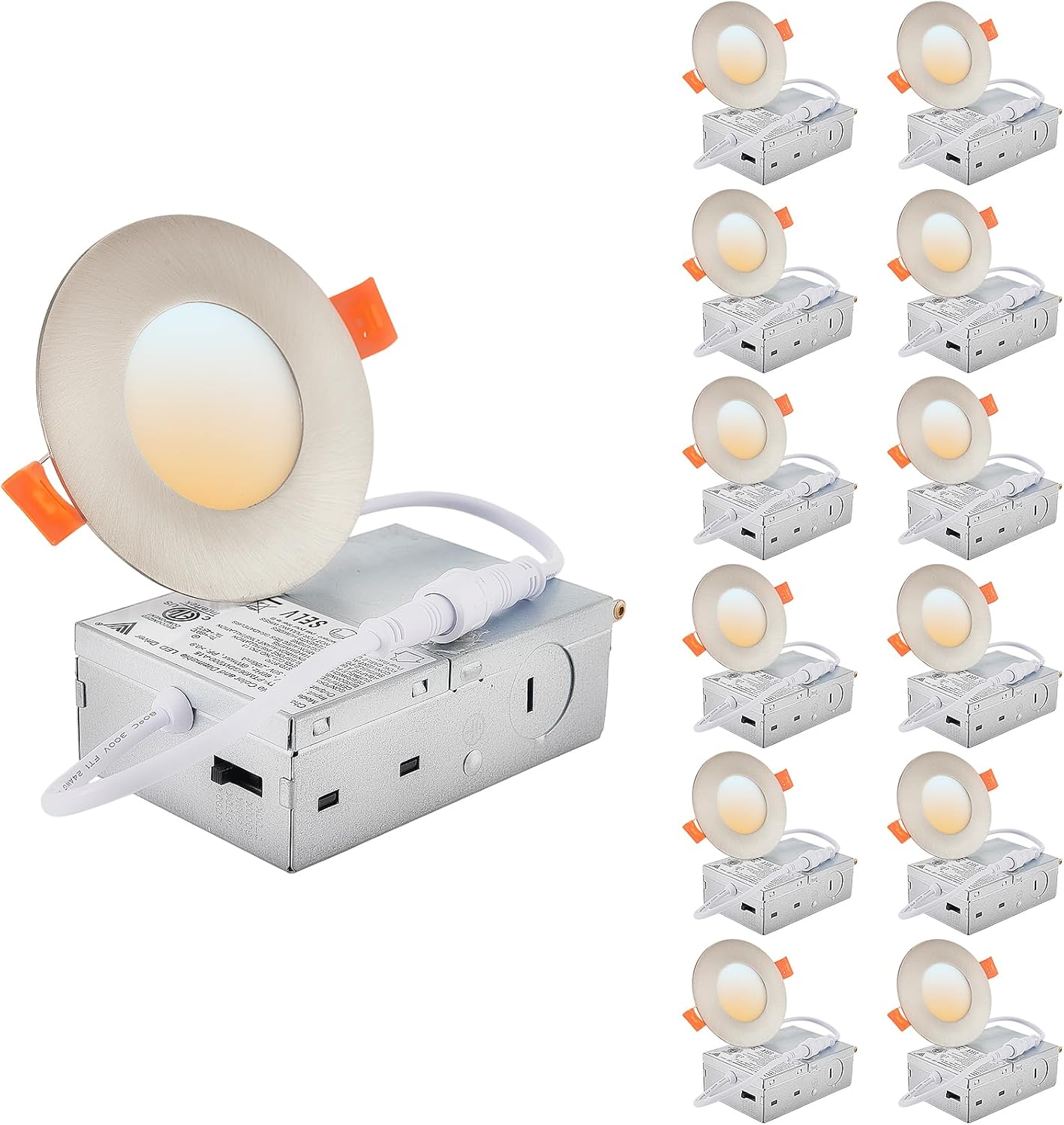 DLLT LED Recessed Ceiling Lights: 12 Pack 3 Inch 5CCT Ultra-Thin Lighting with Junction Box for Bedroom - 600LM Brightness 6W Eqv 50W Dimmable Canless Wafer Downlight with ETL&FCC-Nickel Brush