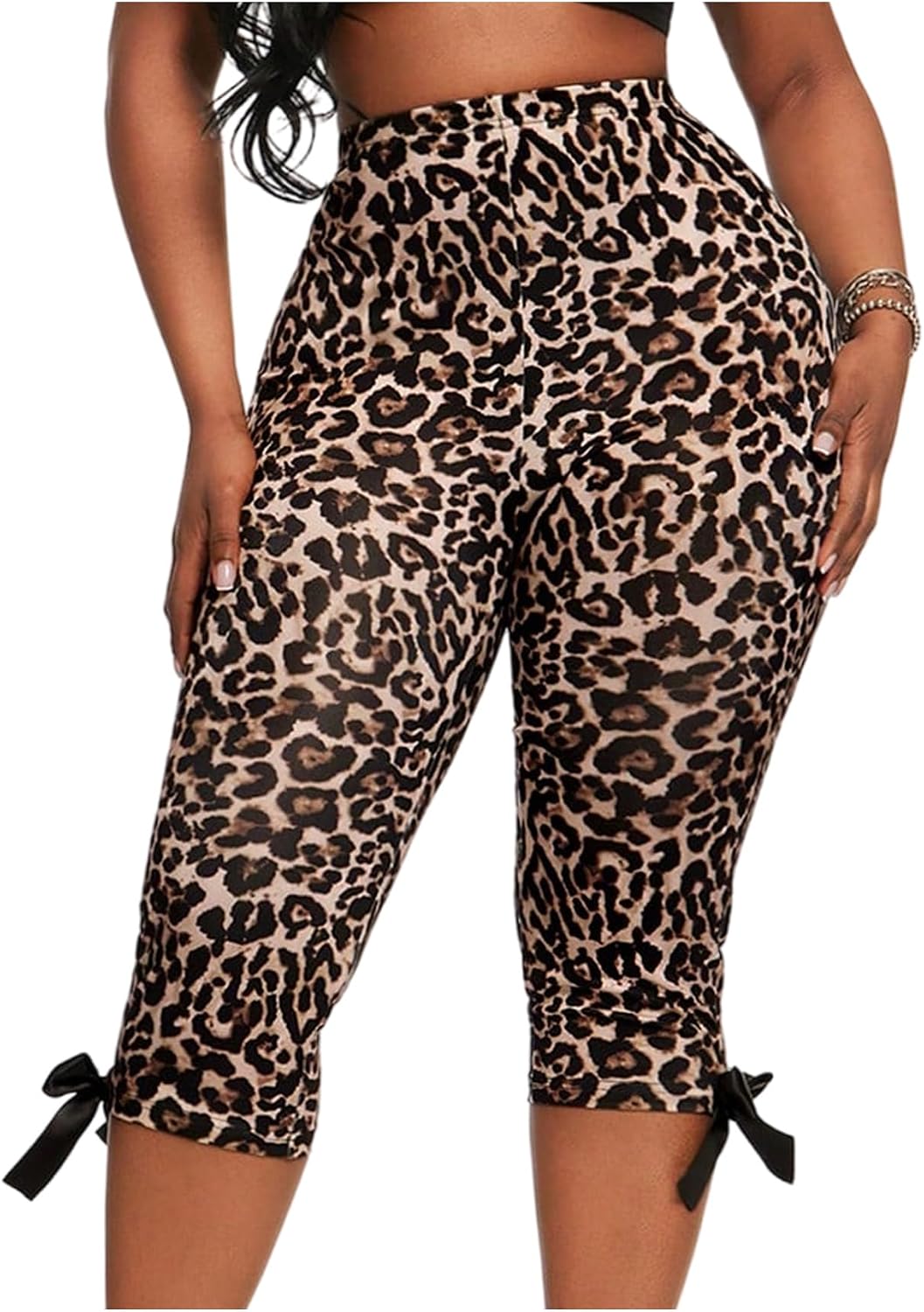 Floerns Women's Plus Size Leopard Stretchy Capri Pants Y2k High Waisted Bow Side Skinny Capri Leggings