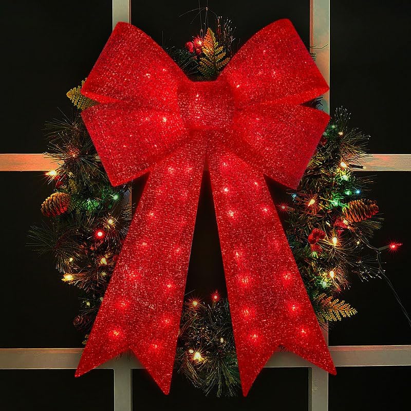 40" 99LED Lighted Red Sparkly Bow Christmas Decoration,Christmas Tree Decoration Wreath Bow Light,11 Function Bow Topper Light for Indoor Outdoor Christmas Decoration 40" 99 LED
