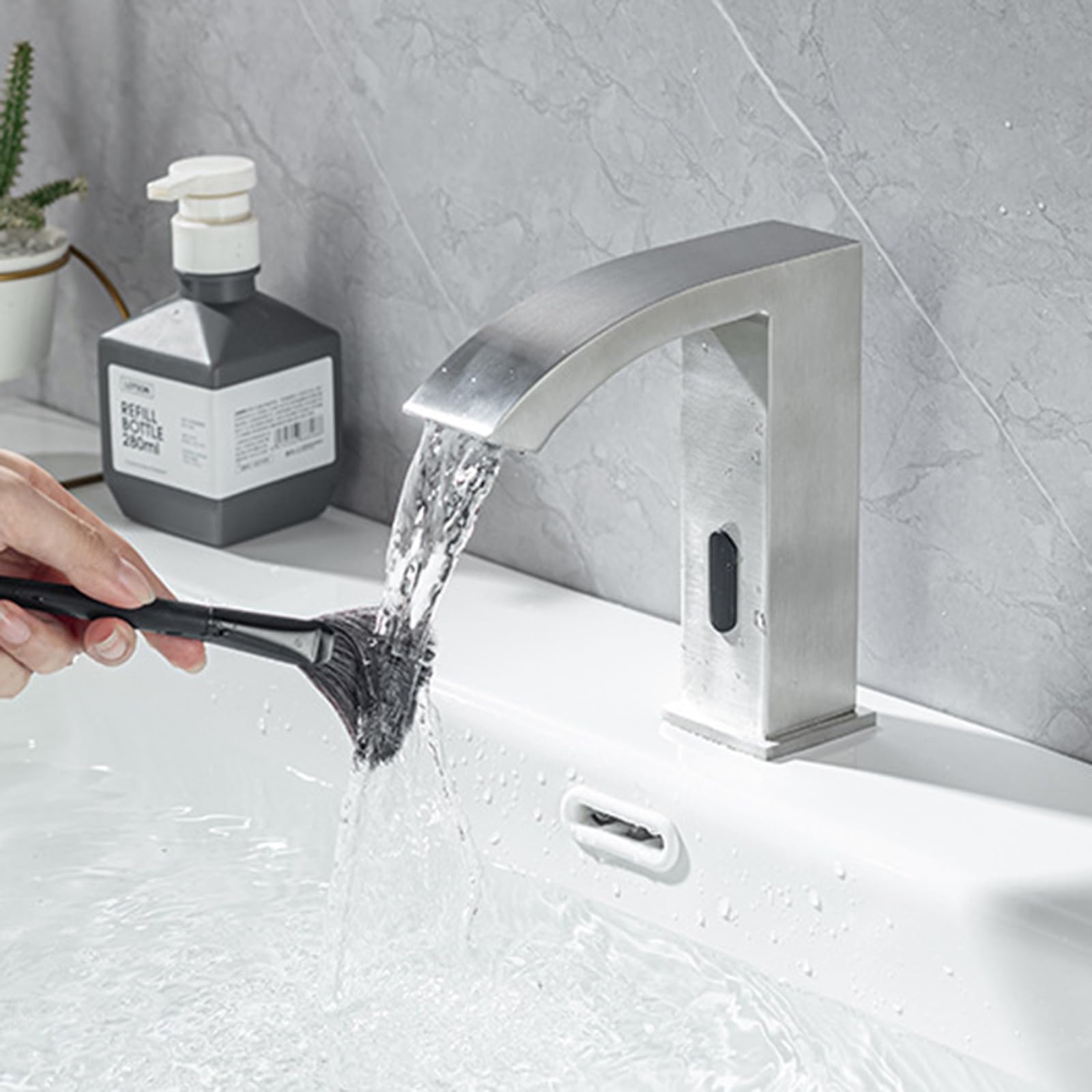 XJTNLB Rubinetto Lavabo Bagno Acciaio Inox a Cascata Rubinetto Automatico con Sensore a Infrarossi Rubinetti Bagno Oro Spazzolato Acqua Calda e Fredda