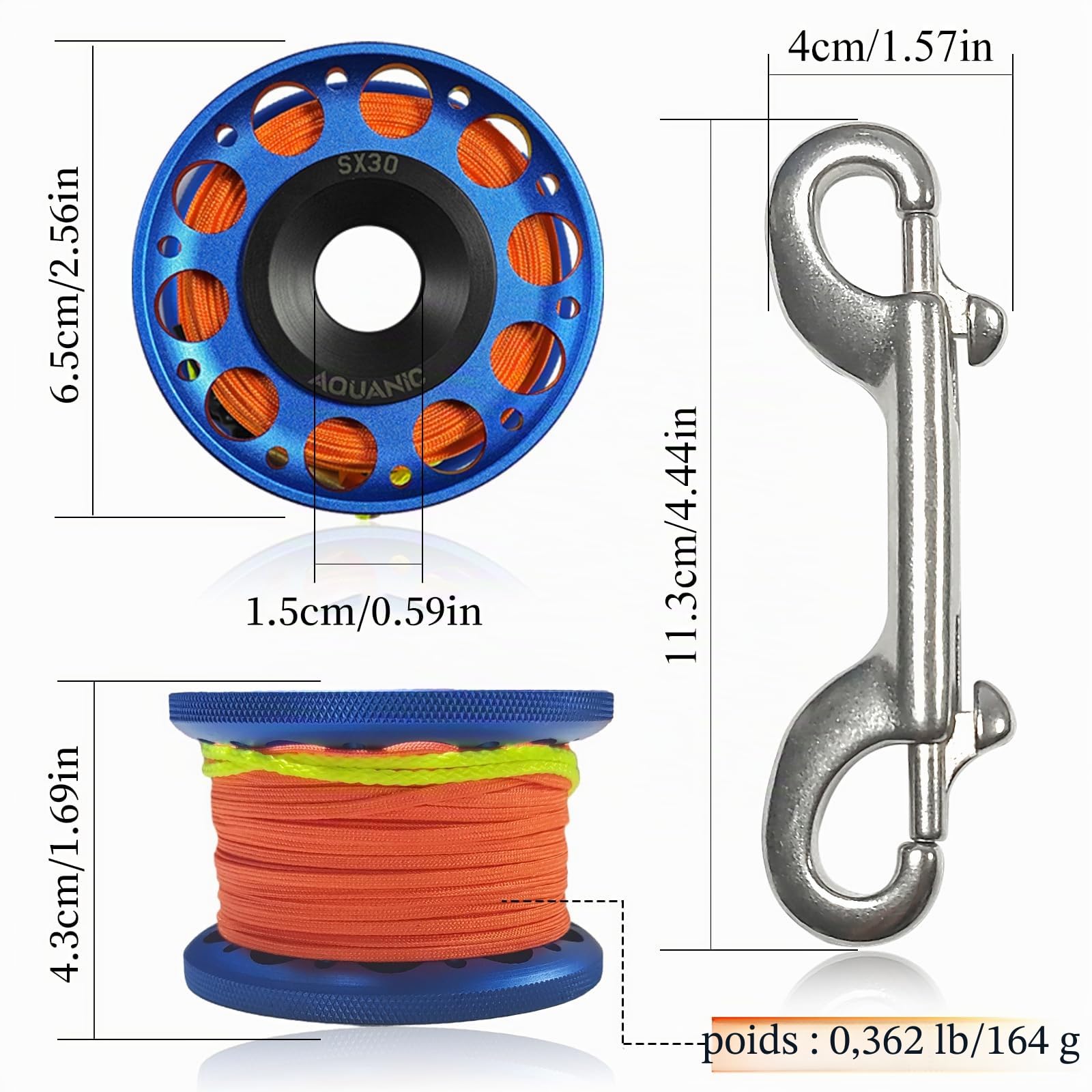 Moulinet pour plongée sous-marine de 30 m avec clip à déconnexion rapide à double extrémité en aluminium pour plongée sous-marine, snorkeling et pêche, bleu