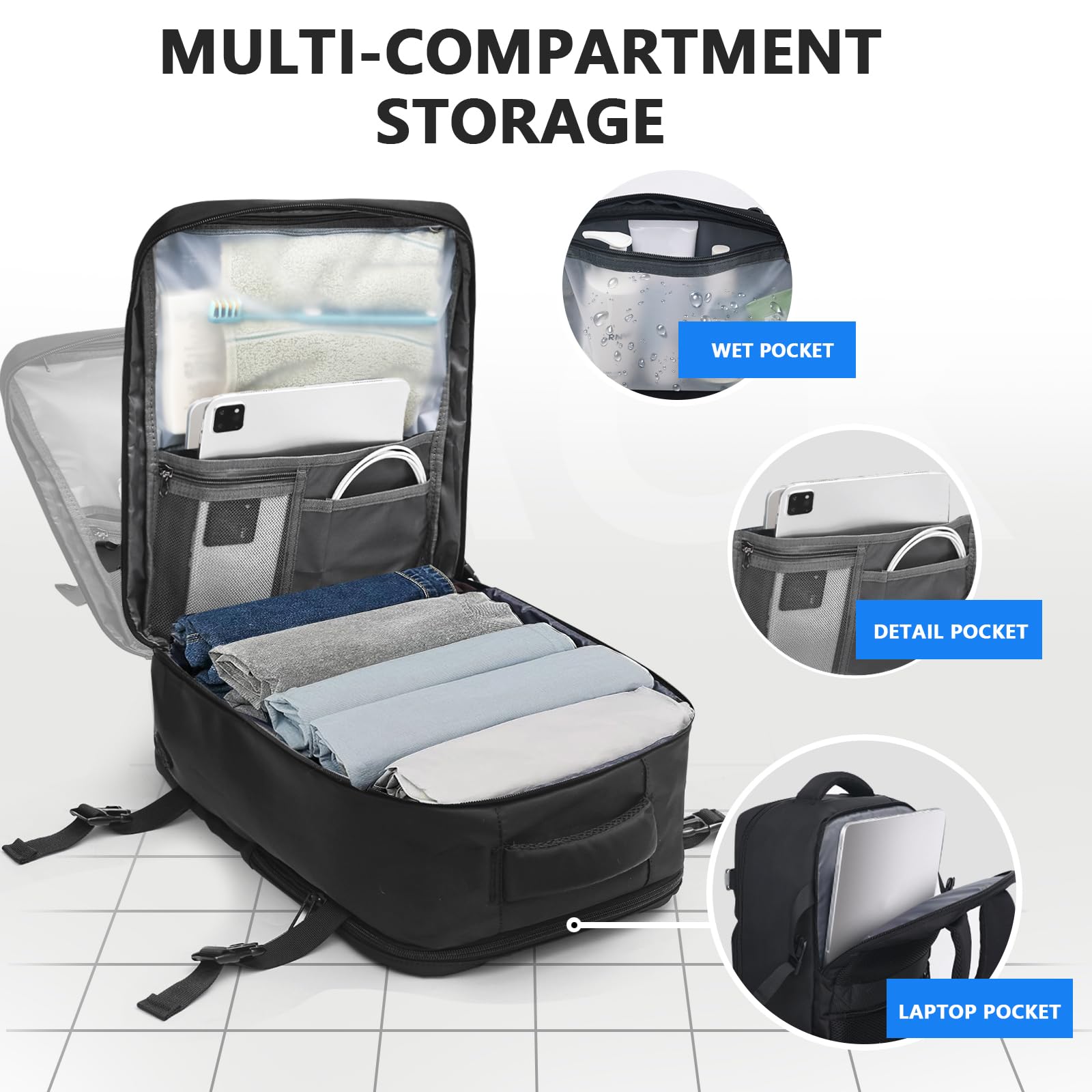 KIRFEIHT Bagaglio a Mano 40x20x25 per Ryanair Zaino da Viaggio Aereo Piccolo - Borsa da Viaggio per Cabina, Zaini Universali per Uomo e Donna per Scuola Trekking Lavoro - Nero