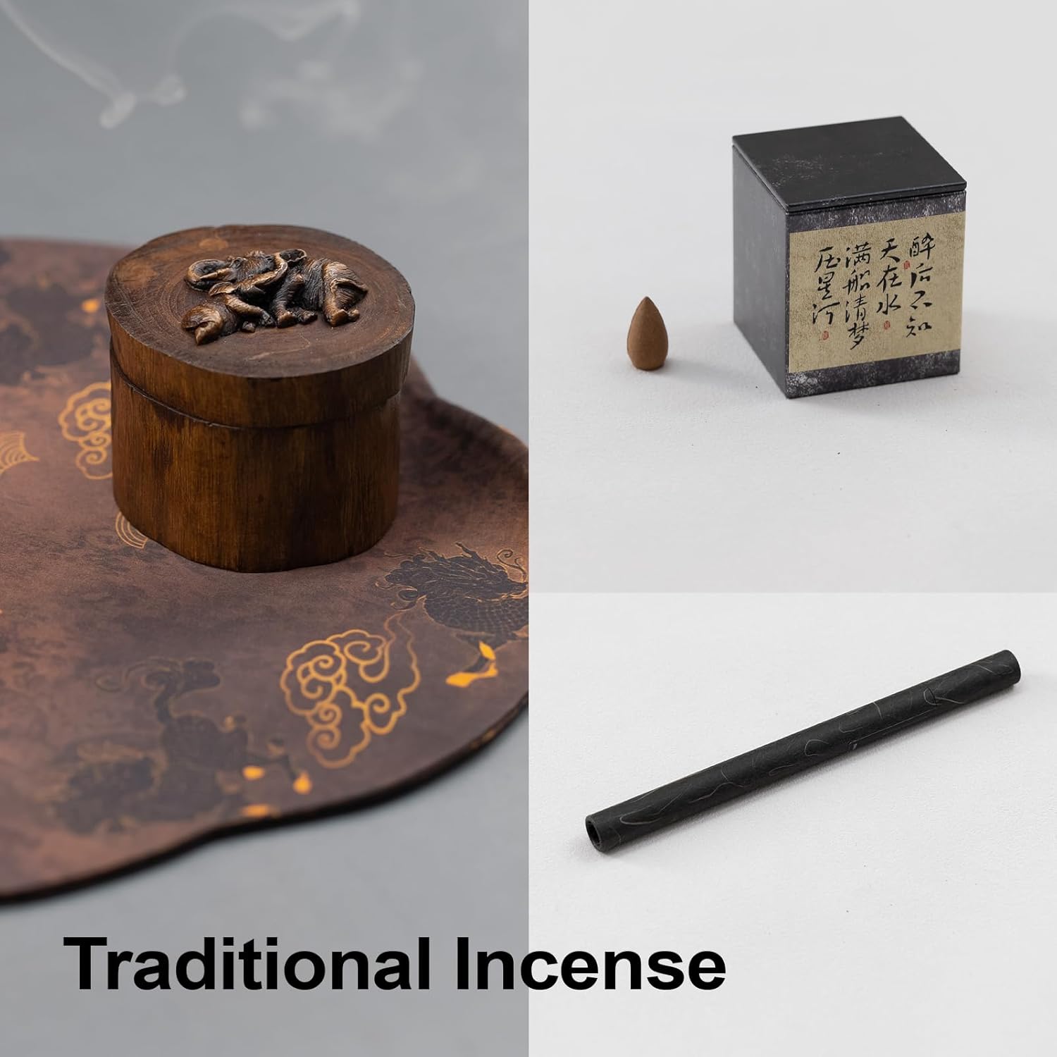 Dragon Mist Ritual Set | Bamboo Dragon Incense Holder with Heritage Lacquer | Thai Wooden Elephant Box, Peridot Stones & Sandalwood Incense | Meditation Décor & Feng Shui Gift for Home