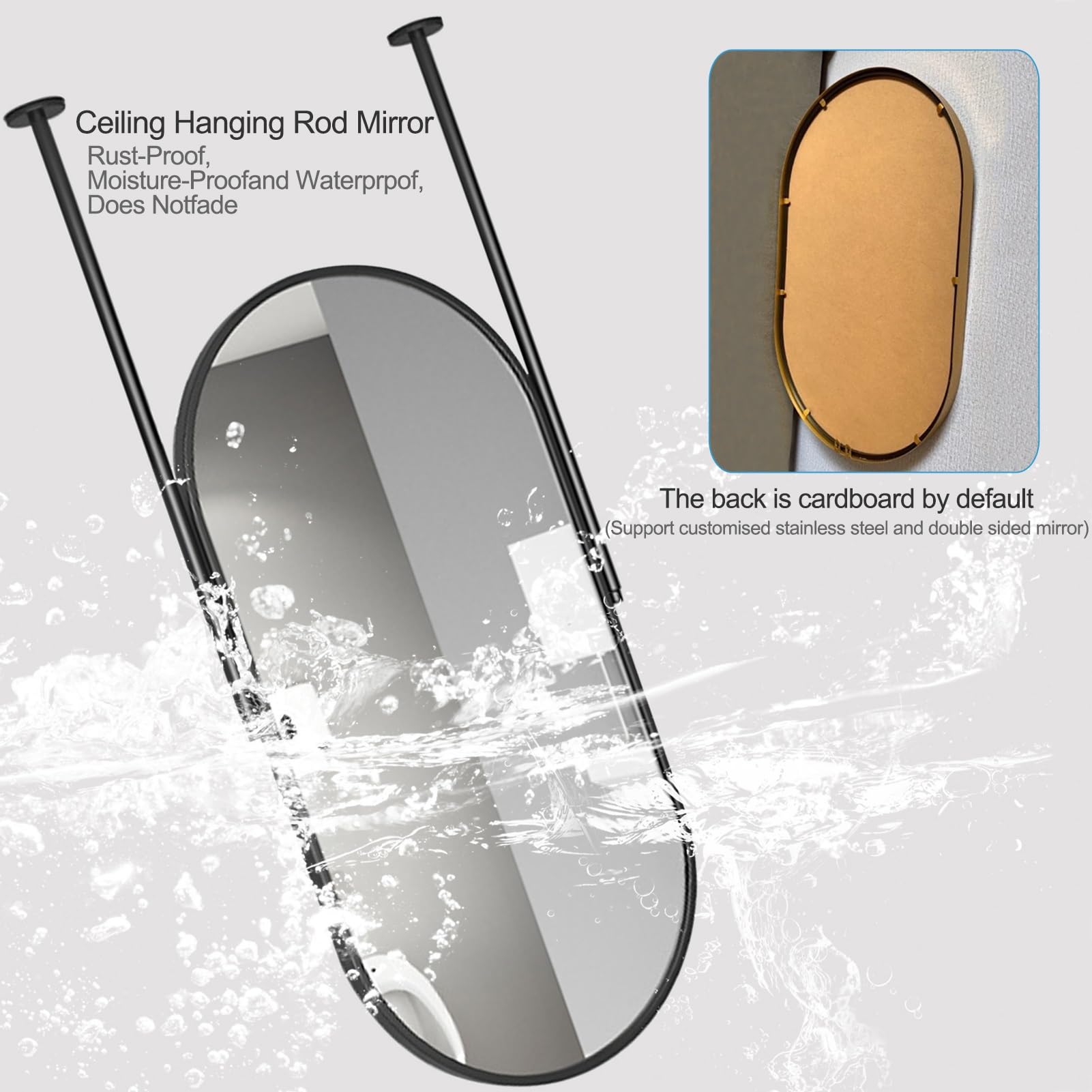 Espejo de Techo con Marco de Metal Negro y Varillas x 2 - Boom Personalizable, Espejos flotantes para tocador de baño, Espejos Decorativos Simples para Pared (tamaño: