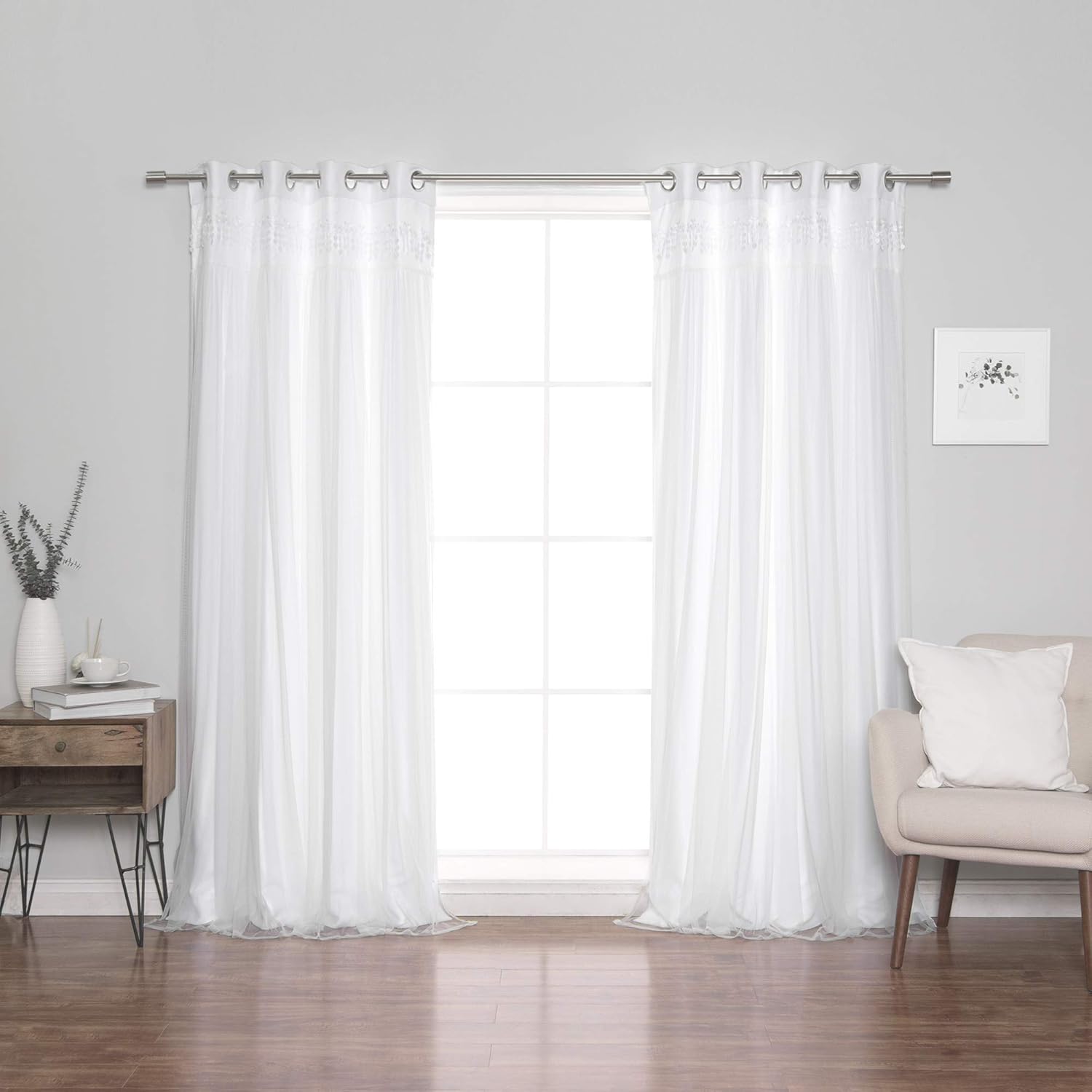 Best Home Fashion Lace Overlay Thermal Insulated Solid Blackout Curtains (52" W x 84" L - Set of 2 Panels, White)