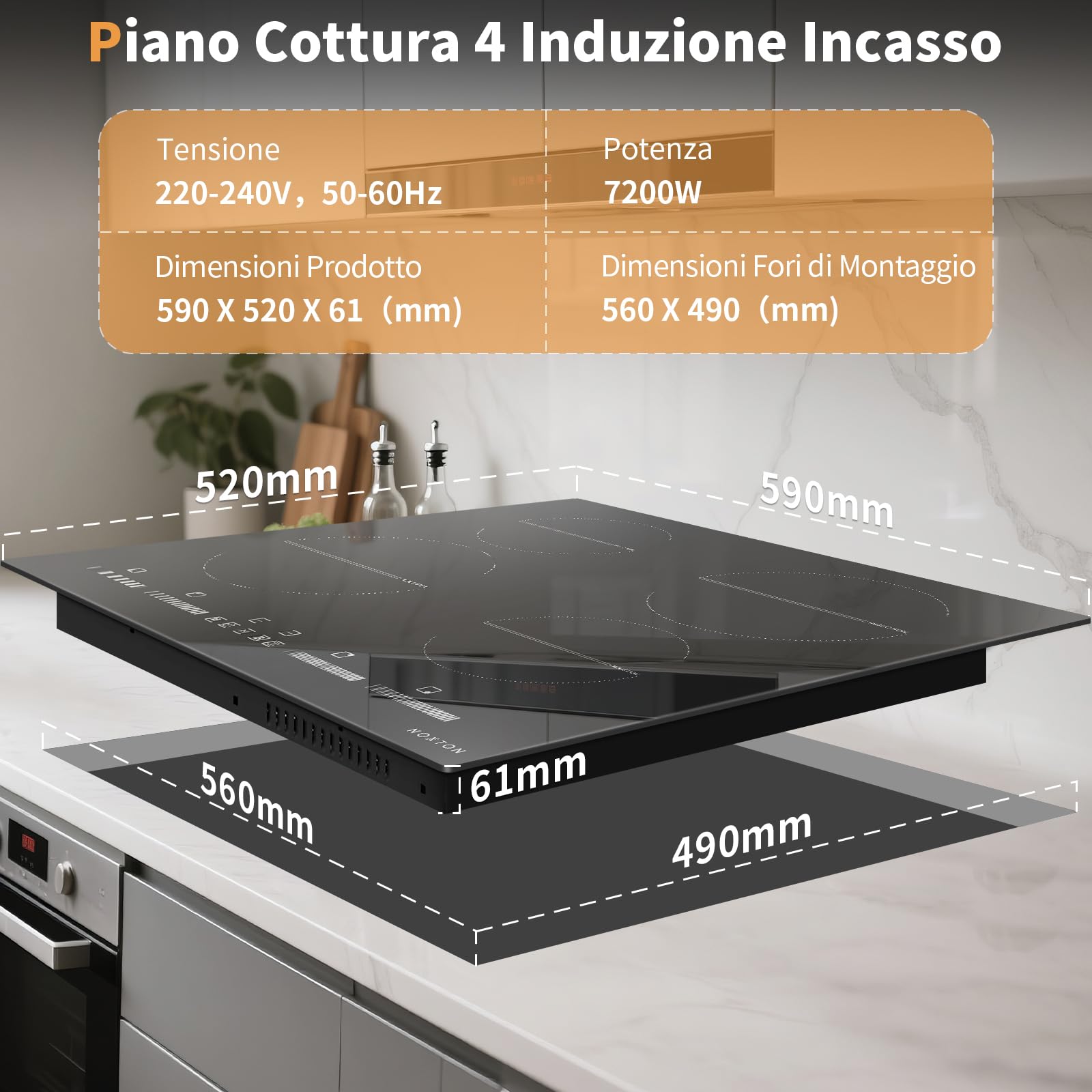 NOXTON Płyta Indukcyjna 60 cm do Zabudowy z Funkcją Booster, 4 Palniki z Suwakiem, Timer, Zabezpieczenie Przed Dziećmi, Pauza, 220-240 V, 7200 W