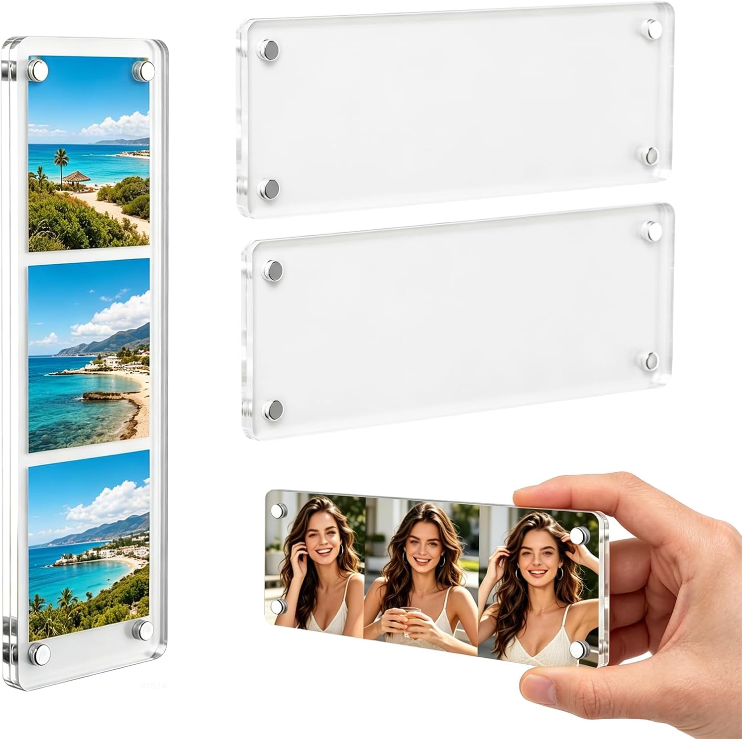 Photo Booth Frame, 3 Pack Magnetic 2x6 Acrylic Frameless Photo Strip Frames, Double-Sided Display, Strong Magnets for Fridge & Metal Surfaces, Horizontal Desktop Stand