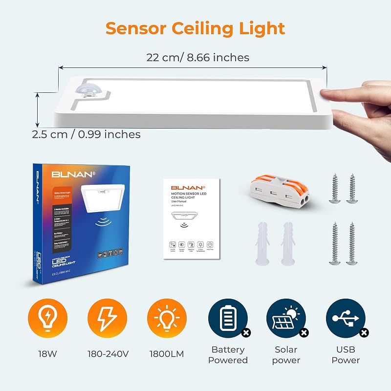 BLNAN 24W LED mozgásérzékelős mennyezeti lámpa, 3000-5000K, 2400lm, 30cm