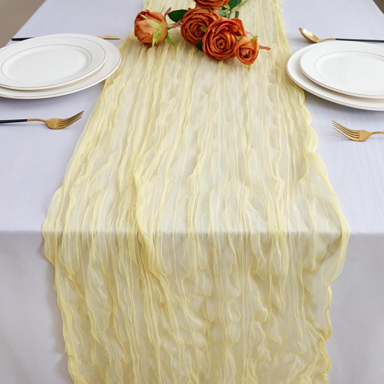 Yellow Cheesecloth Table Runner Spring Easter 10Ft Cheese Cloth Rustic Gauze Boho Table Runner for Baby Shower Wedding Bridal Decoration (Yellow)