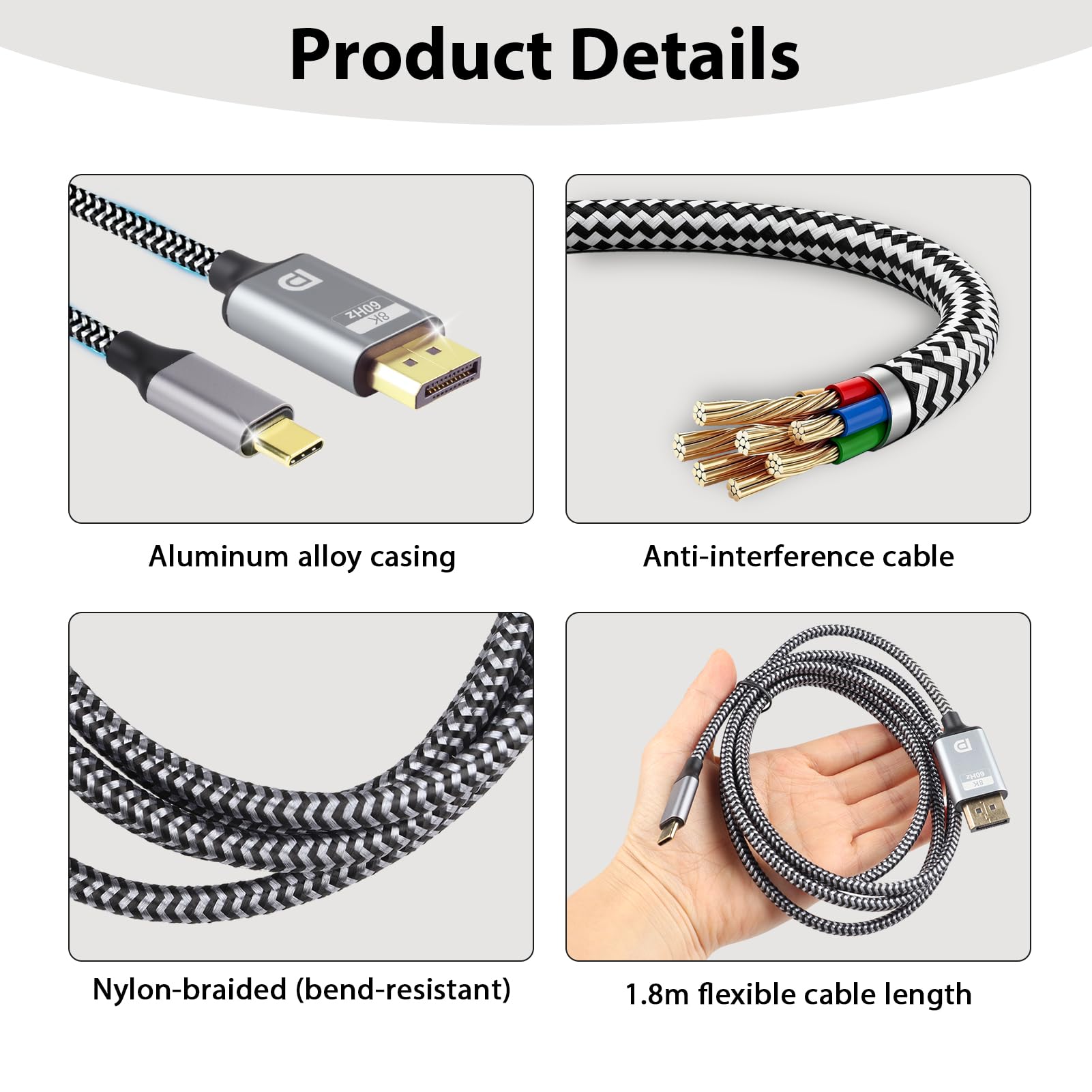 Cable USB C a DisplayPort 8K @60Hz 1,8M Tipo C para Thunderbolt 3/4 a DP1.4 Cable HDR VRR 26Gbps para iPhone 15/16 Pro Max MacBook iPad Pro Air M2 Mac mini M4 Surface Pro Pro