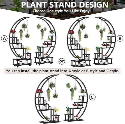Miniatura 7 de 2 soportes para plantas de 6 niveles de metal en forma de media luna, estante para plantas con ruedas desmontables, soporte para decoración de patio
