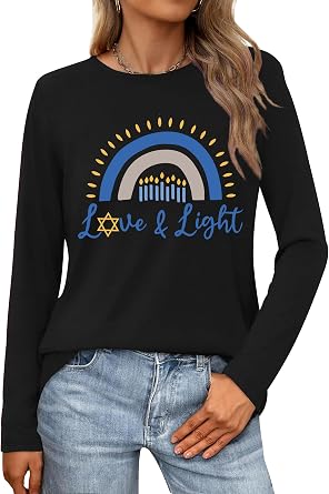Happy Hanukkah Shirts for Women Menorah Chanukah T-Shirt Jewish Hanukkah Graphic Long Sleeve Gifts Tops