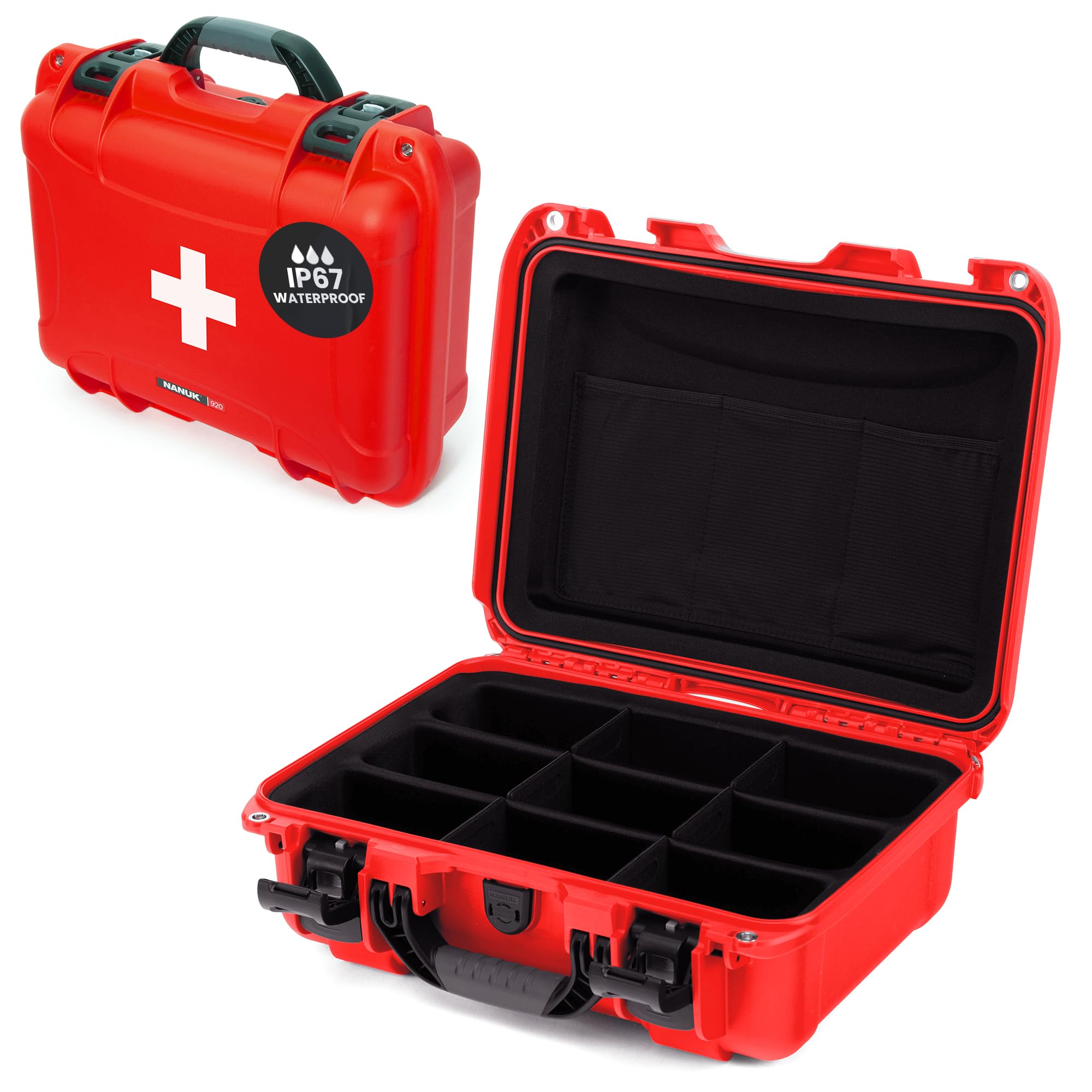NANUK 920 Waterproof First Aid Box Empty with Lid Organizer &amp; Dividers – Durable Medical First Aid Organizer Case, IP67-Rated, Dustproof, Impact-Resistant, Floats (16.7” x 13.4” x 6.8”) – Red