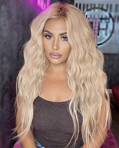 Miniatura 7 de Hanne Fashion Peluca larga ondulada rubia para mujer, parte media, peluca rubia platino, pelucas sintéticas para uso en fiestas, cosplay (rubio)