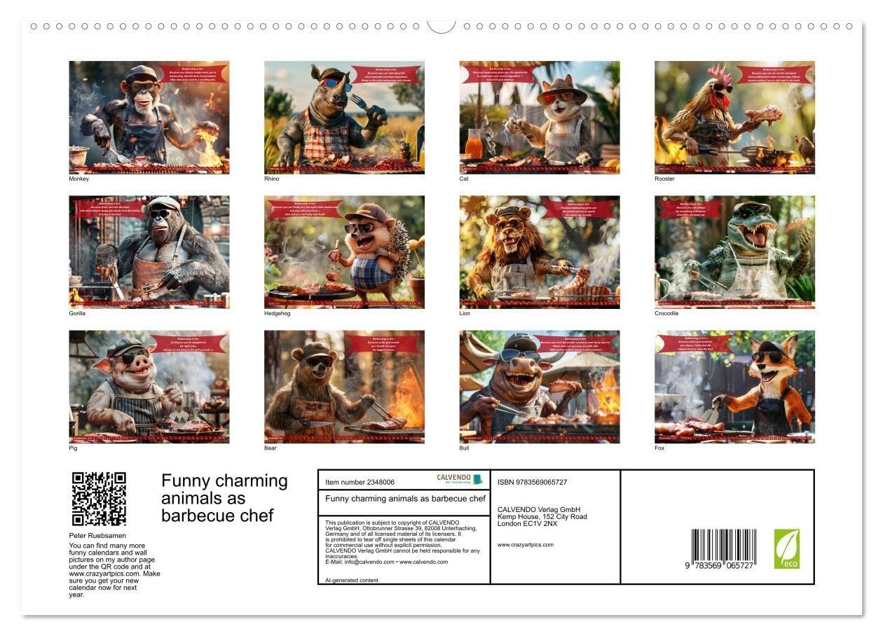 Funny charming animals as barbecue chef (High Quality Premium Wall Calendar 2027 DIN A2 landscape),CALVENDO 12 Month Wall Calendar: Funny animals with barbecue apron on the grill with humorous slogans
