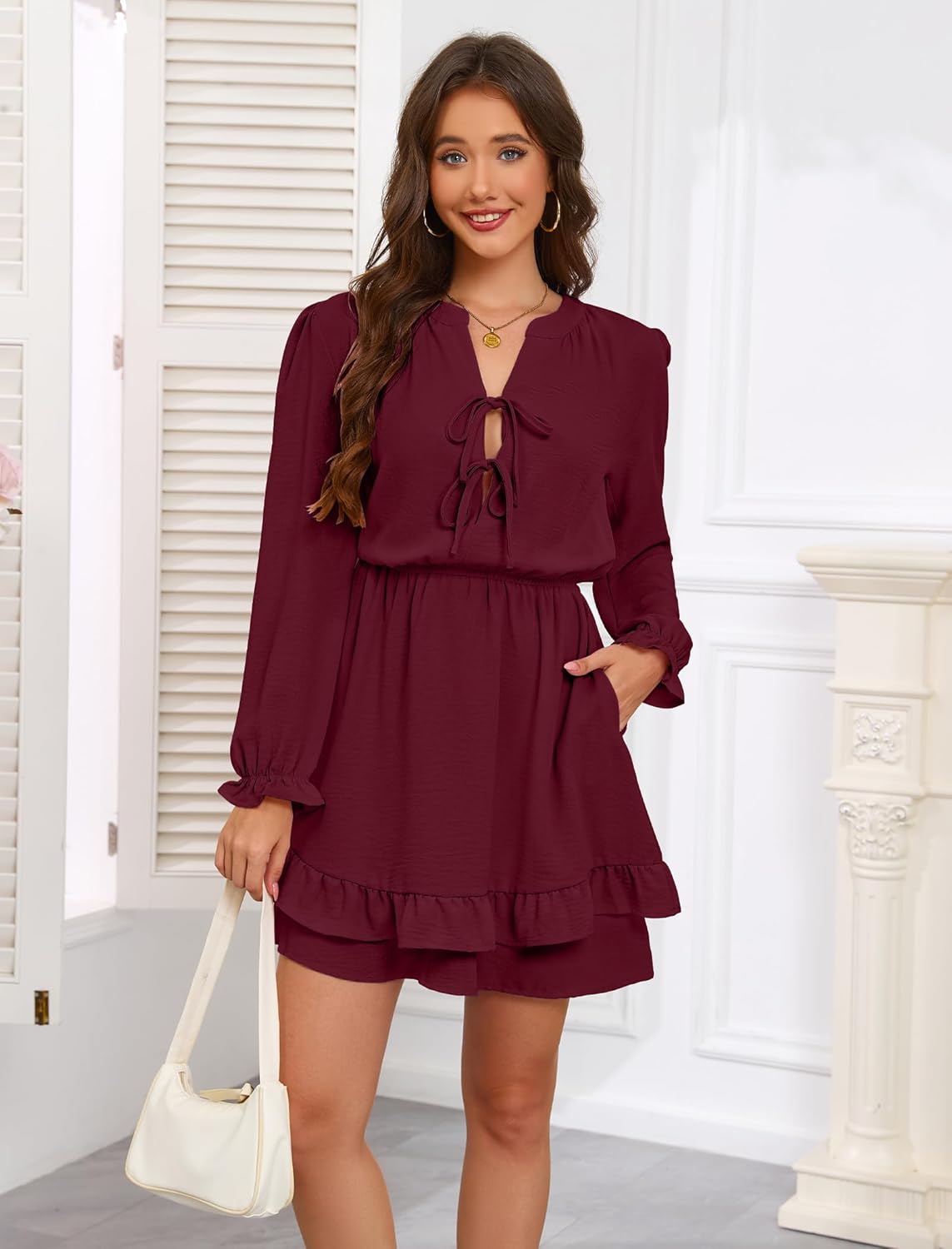 Angashion Womens Tie Front Mini Dress: V Neck Long Sleeve Layer Ruffle Hem Dress with Pockets - Image 3