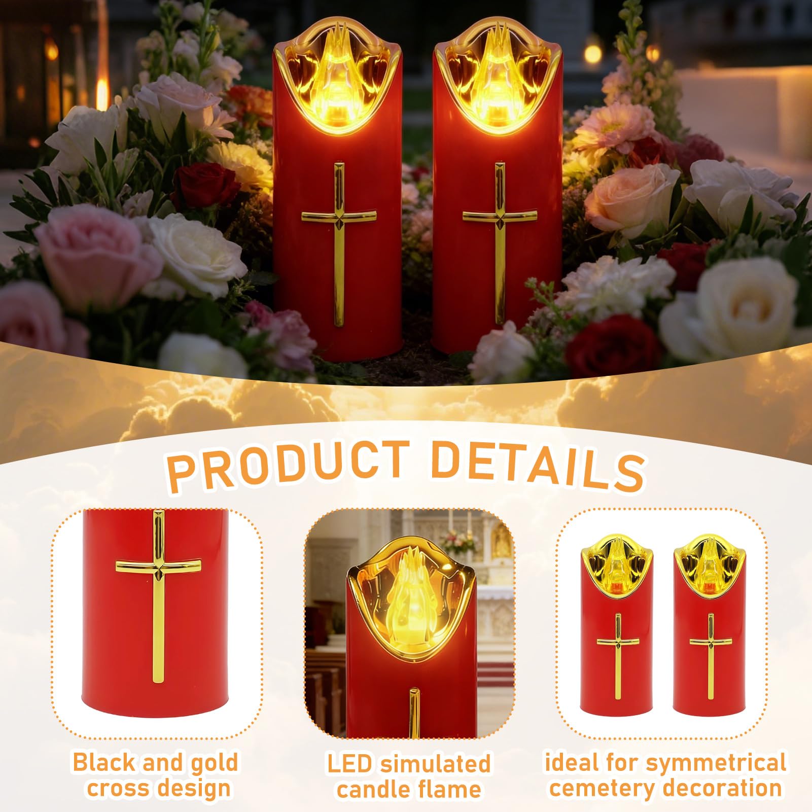 Dongcill Candela Funeraria a LED, Lumino Elettrico a LED, Lumino cimitero, 2 PCS 5X12.5CM, Funzionamento a Batteria, Candele a LED per Cimiteri e Chiese-Rosso