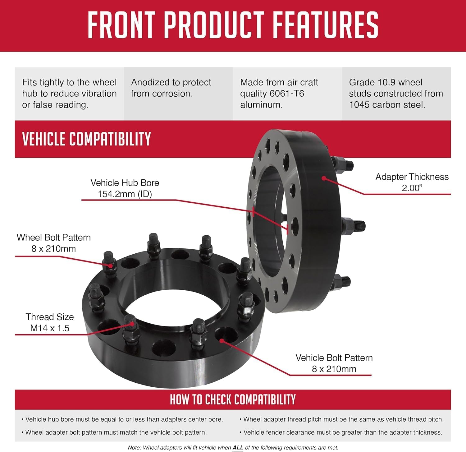 Wheel Accessories Parts 2 Pcs Hub Centric Wheel Spacers 8 on 210mm 2.00 Inch Thick M14x1.5 14x1.5 Thread Stud Fits Chevrolet Silverado GMC Sierra 3500HD Dually Dual Rear Wheels Front