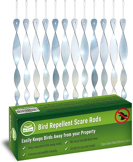 De-Bird 12-Pack Easy-Install Bird Scare Rods – Deterrents for Outdoor Woodpecker & Bird
