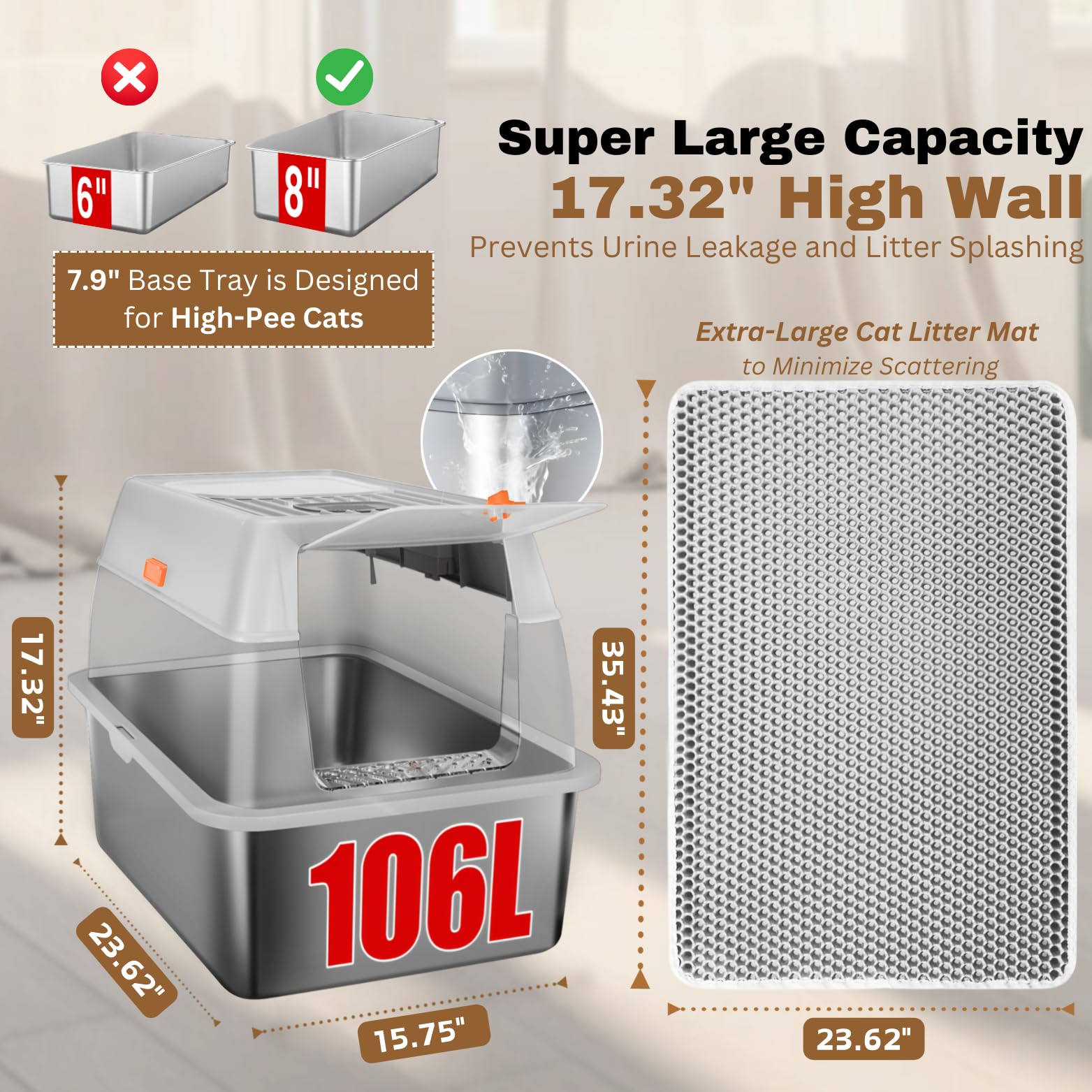 Fully Enclosed XXL Stainlessss Steel Litter Box with Lid, 8" Deep Pan, Large Stainless Steel Cat Litter Box for Big Cat with Scoop, Step Board, Mat, Brush, Odor-Free, Anti-Leak, Non-Stick (Light Gray) - image 2