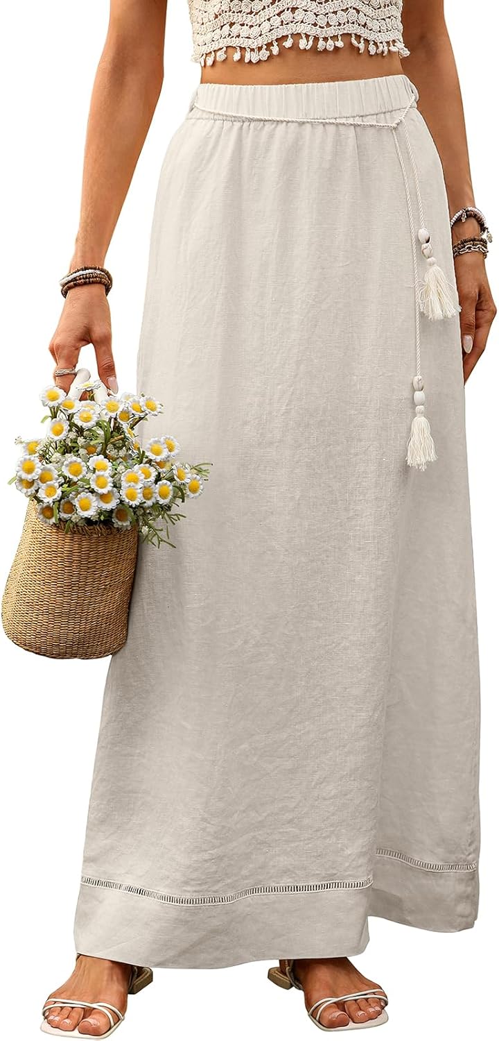 Women's Pure Linen Maxi Skirt with Tassel Belt 100% Linen A Line Wrap Skirts