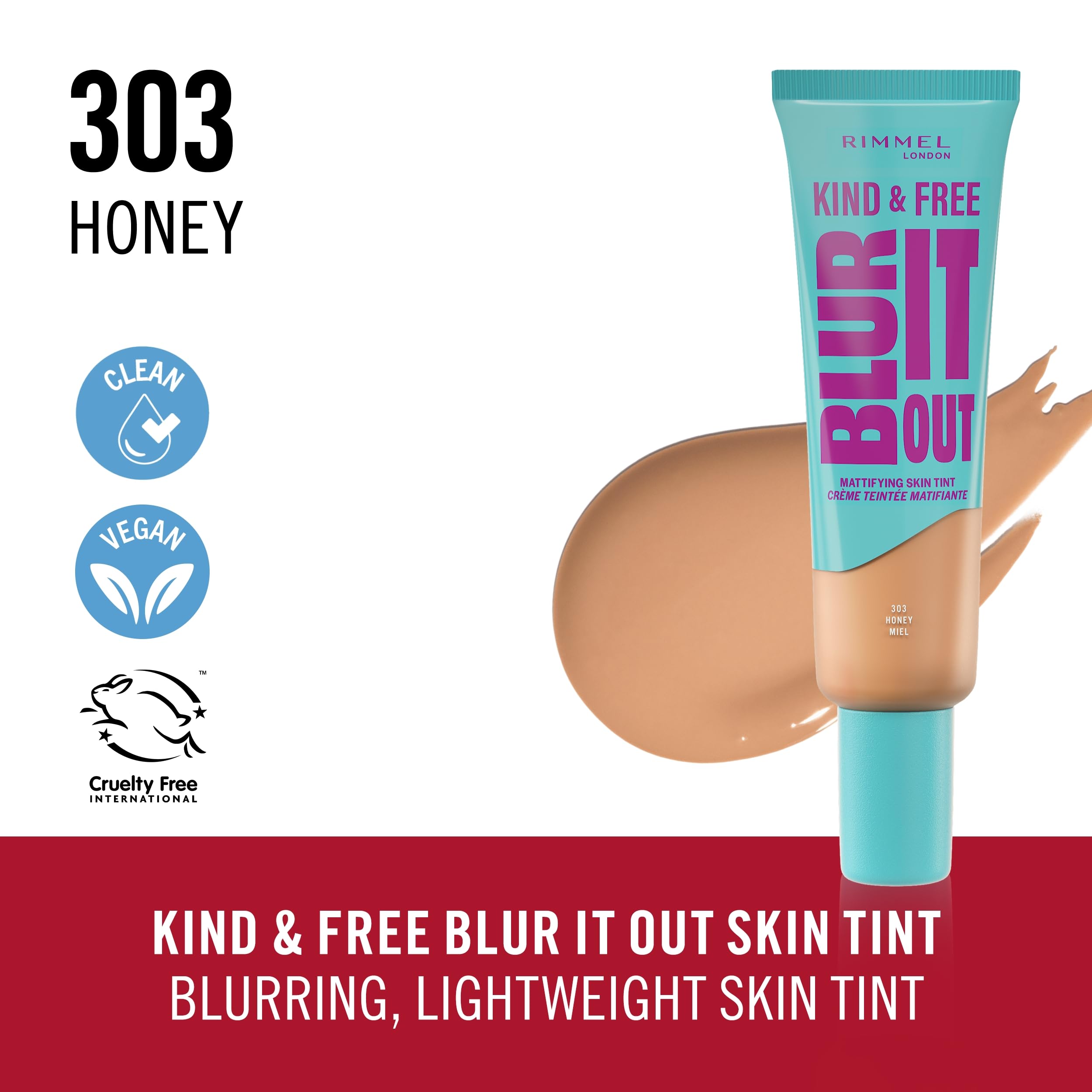Rimmel Kind & Free, Blur It Out Mattifying Skin Tint, 350 Golden Honey, Lightweight Matte Finish, Minimises Pores - Image 2