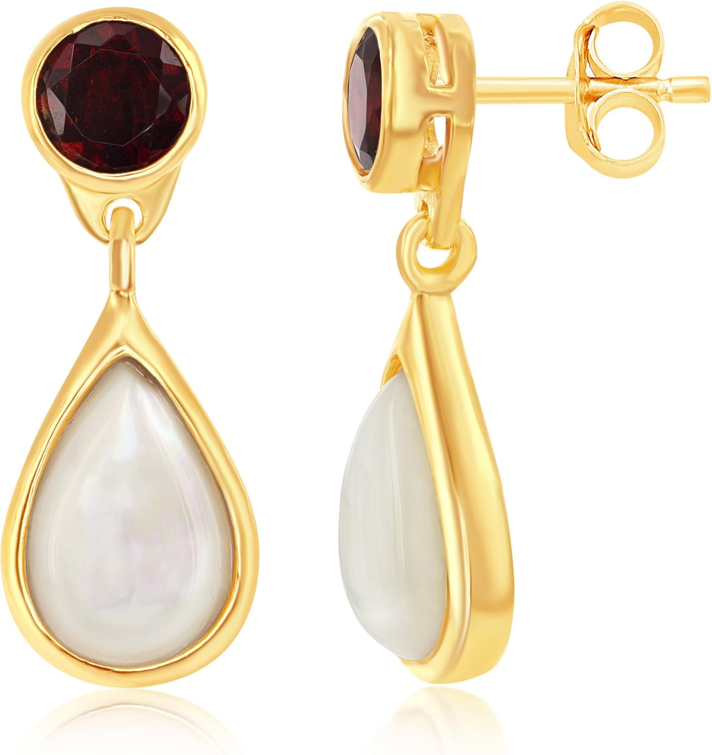 Sterling Silver or Gold Tone Round Garnet, Blue Topaz or Amethyst with Pear-Shaped Mother of Pearl Earrings