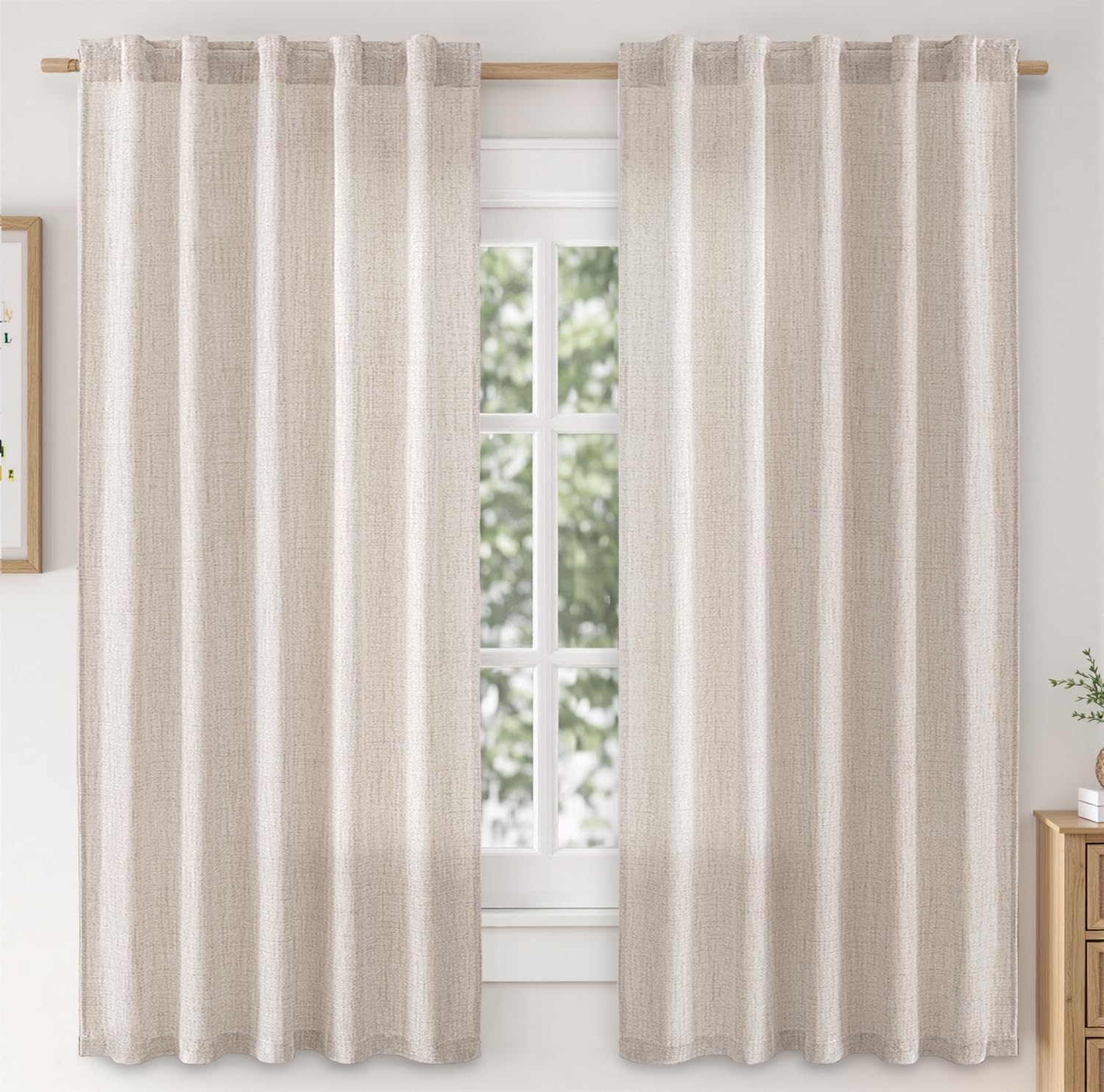 MIULEE Faux Linen Curtains 96 Inch Length 2 Panels Natural Beige Semi Sheer Curtain with Back Tab Rod Pocket, Light Filtering Window Privacy Burlap Drapes for Living Room Bedroom 42W x 96L