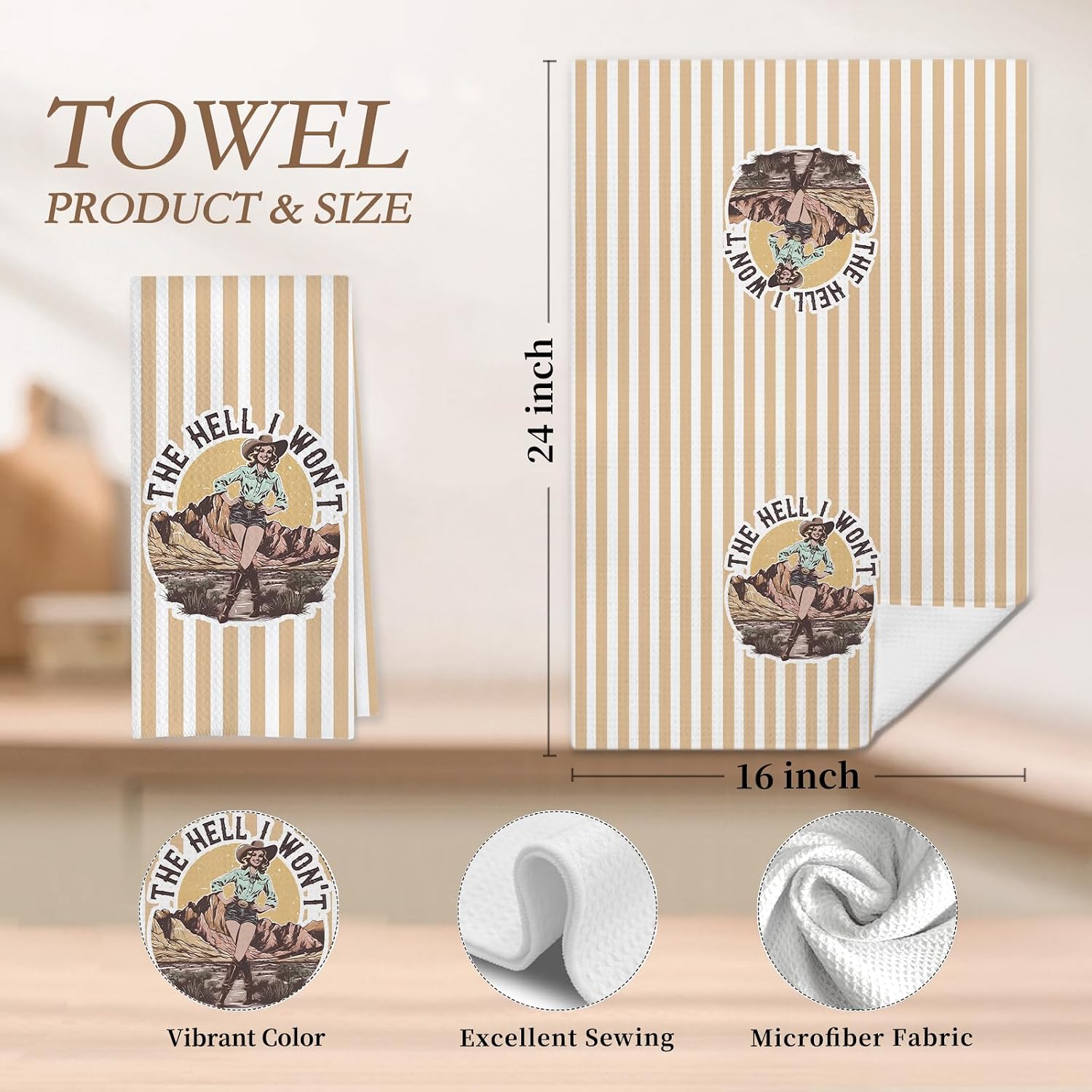 Retro Funny Cowgirl Western Kitchen Dish Towels, Cowgirl Gifts for Women, Beige and White Striped Western Decorative Hand Tea Towels for Kitchen Bathroom, 16x24 Inch