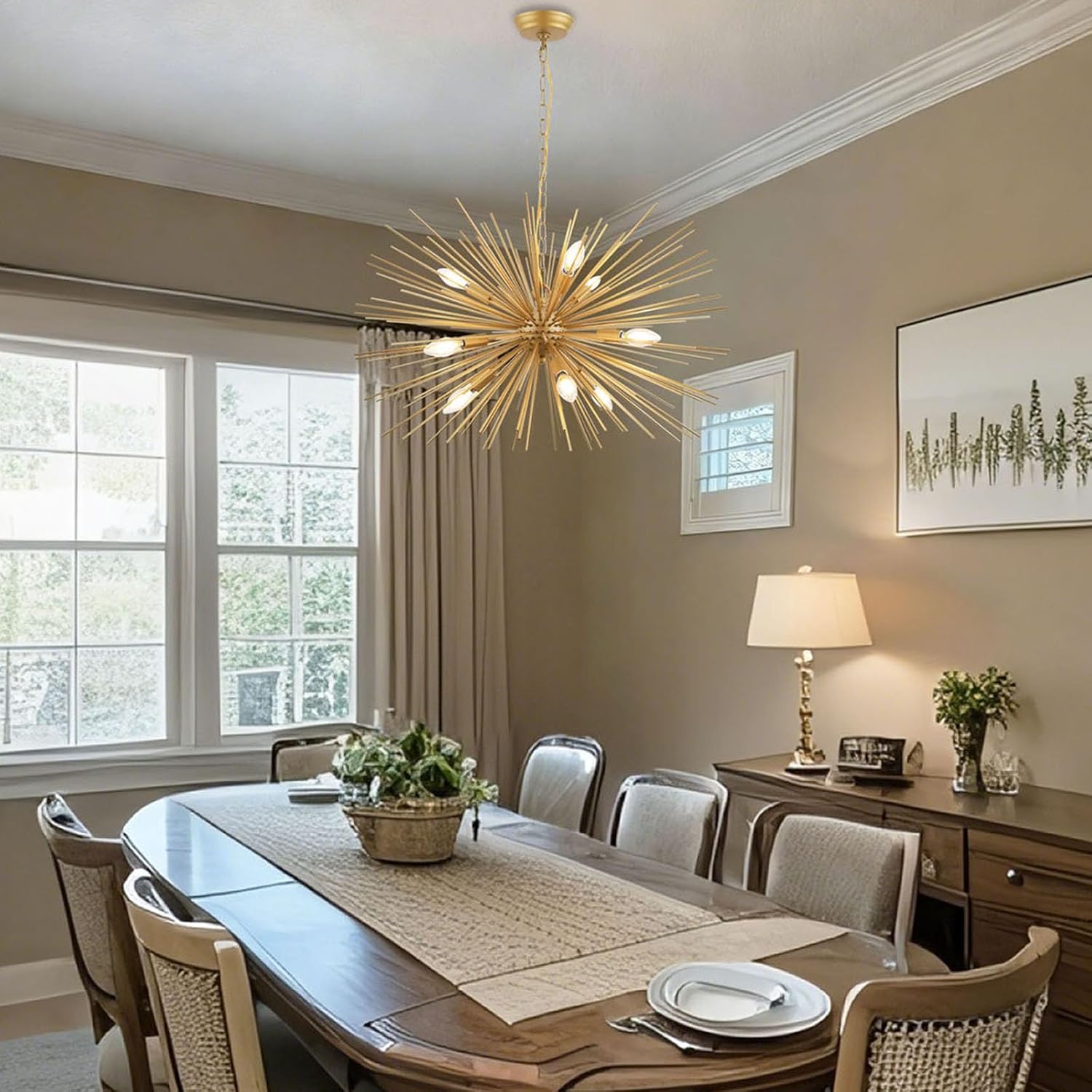 29" Modern Sputnik Chandelier 9-Lights Mid Century Modern Starburst Golden Chandelier Luxury Gold Solid Metal Sputnik Satellite Chandeliers for Dining Room, Kitchen Island, Bedroom