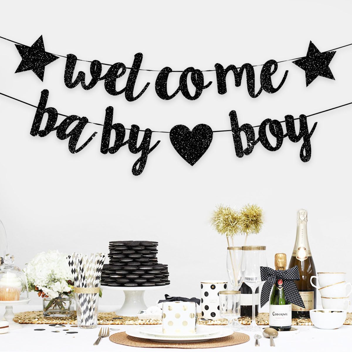Decoraciones de baby shower para niños, pancarta de bienvenida con purpurina, banderines colgantes para fiesta de cumpleaños recién nacido, color negro