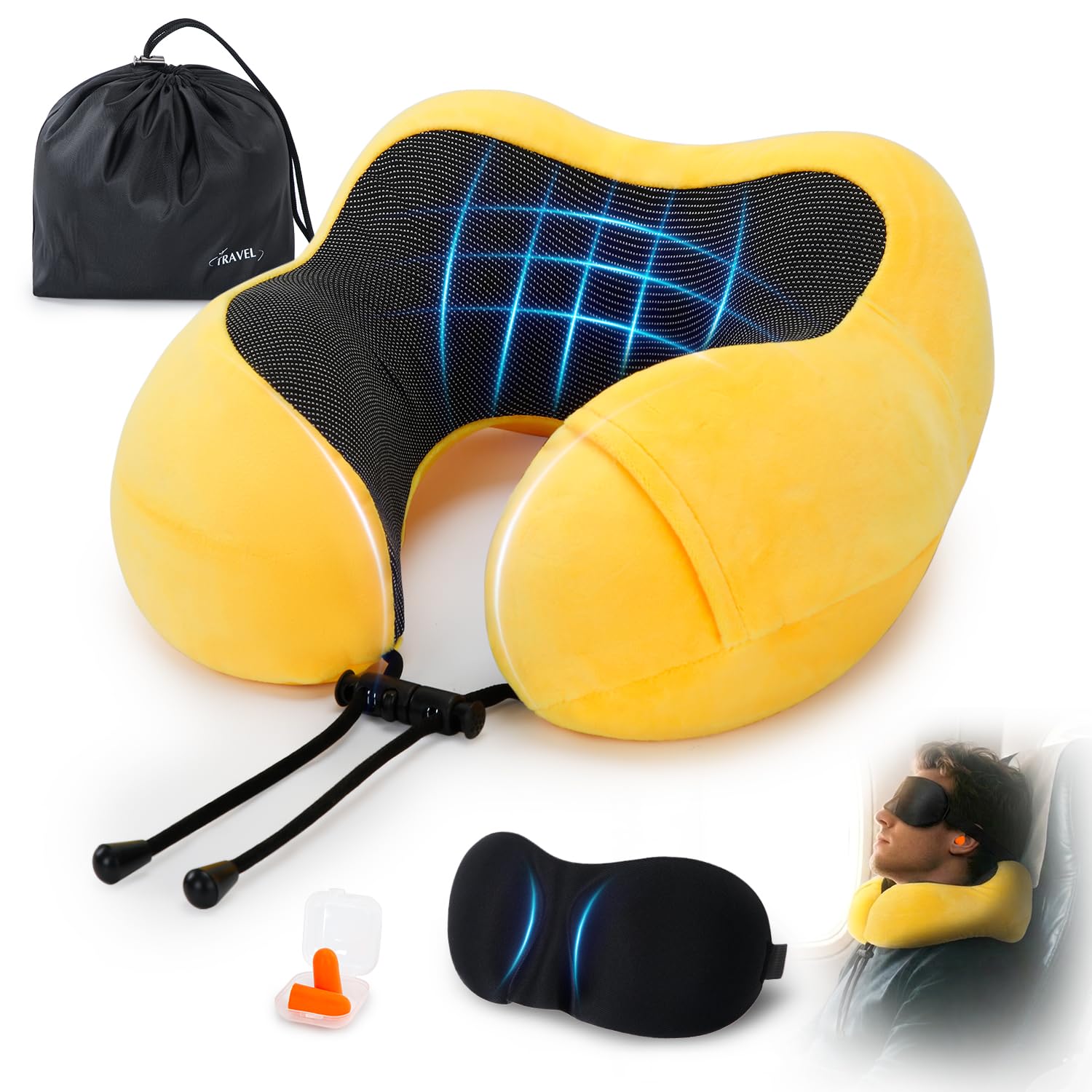 Memory Foam Comfort Travel Pillow for Airplane & Car，Adjustable Neck Pillow, Neck and Head Support Cushion with Ear Plugs, Eye Mask, Carry Bag, Compact Travel Essentials Gift for Adults (Yellow)