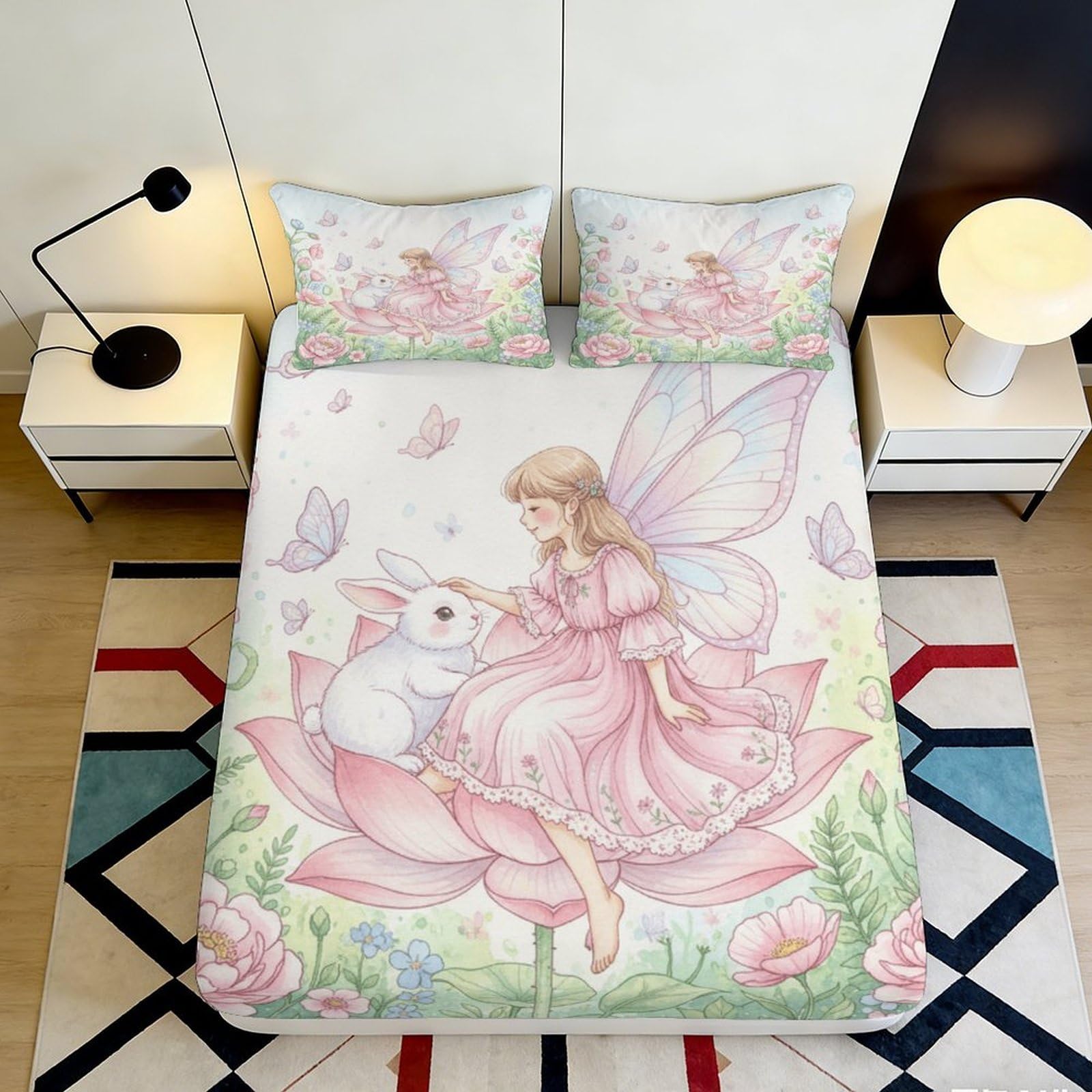 3D Printed Fairy and Bunny Fitted Sheet Microfiber Soft Pink Floral Bed Cover for Bedroom Guest Room Dorm Mattress Decor 90x200x25cm