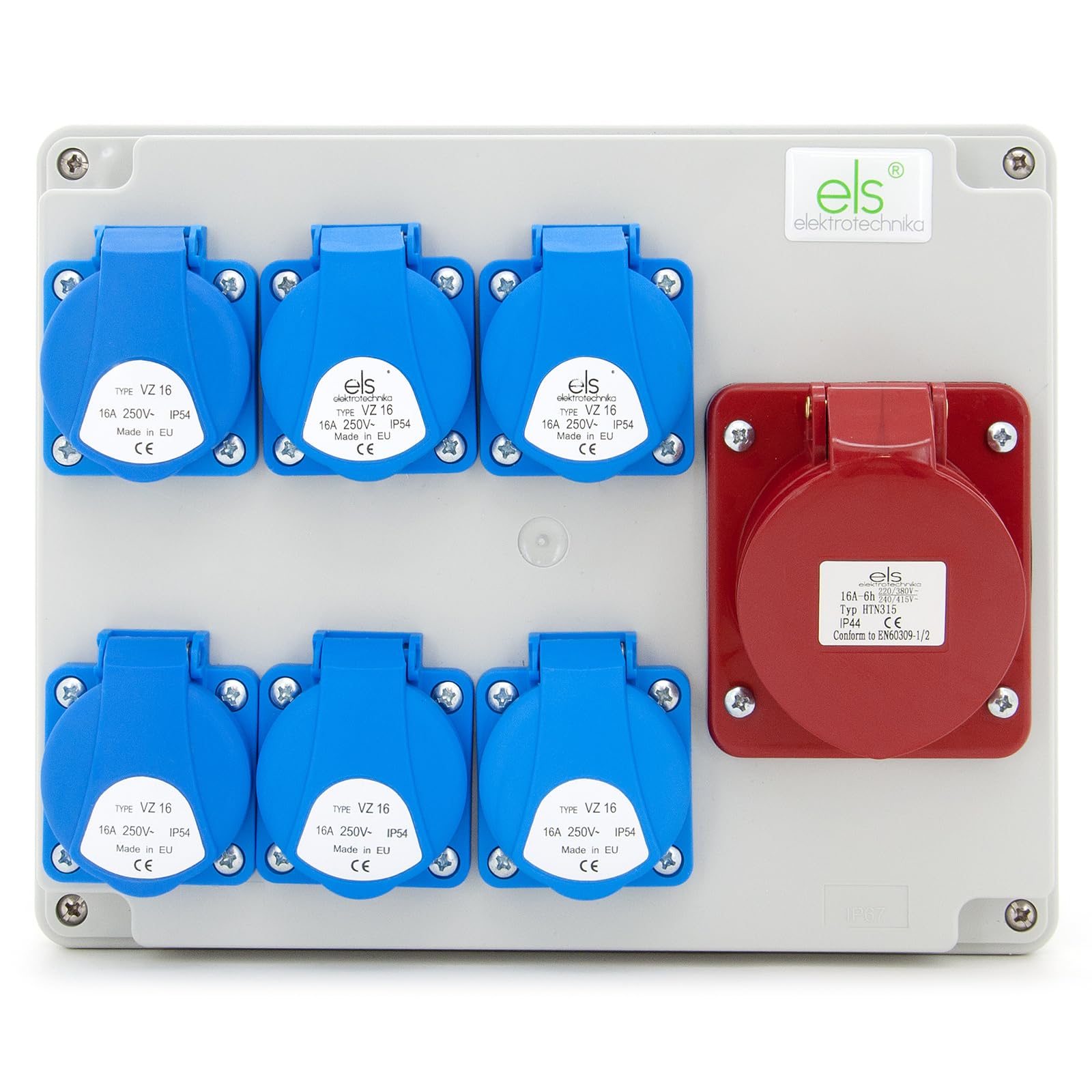 ELS Elektrotechnika Distributore di corrente da parete 6 x 230 V Schuko + 1 x CEE 16 A, distributore di presa cablato, per interni ed esterni
