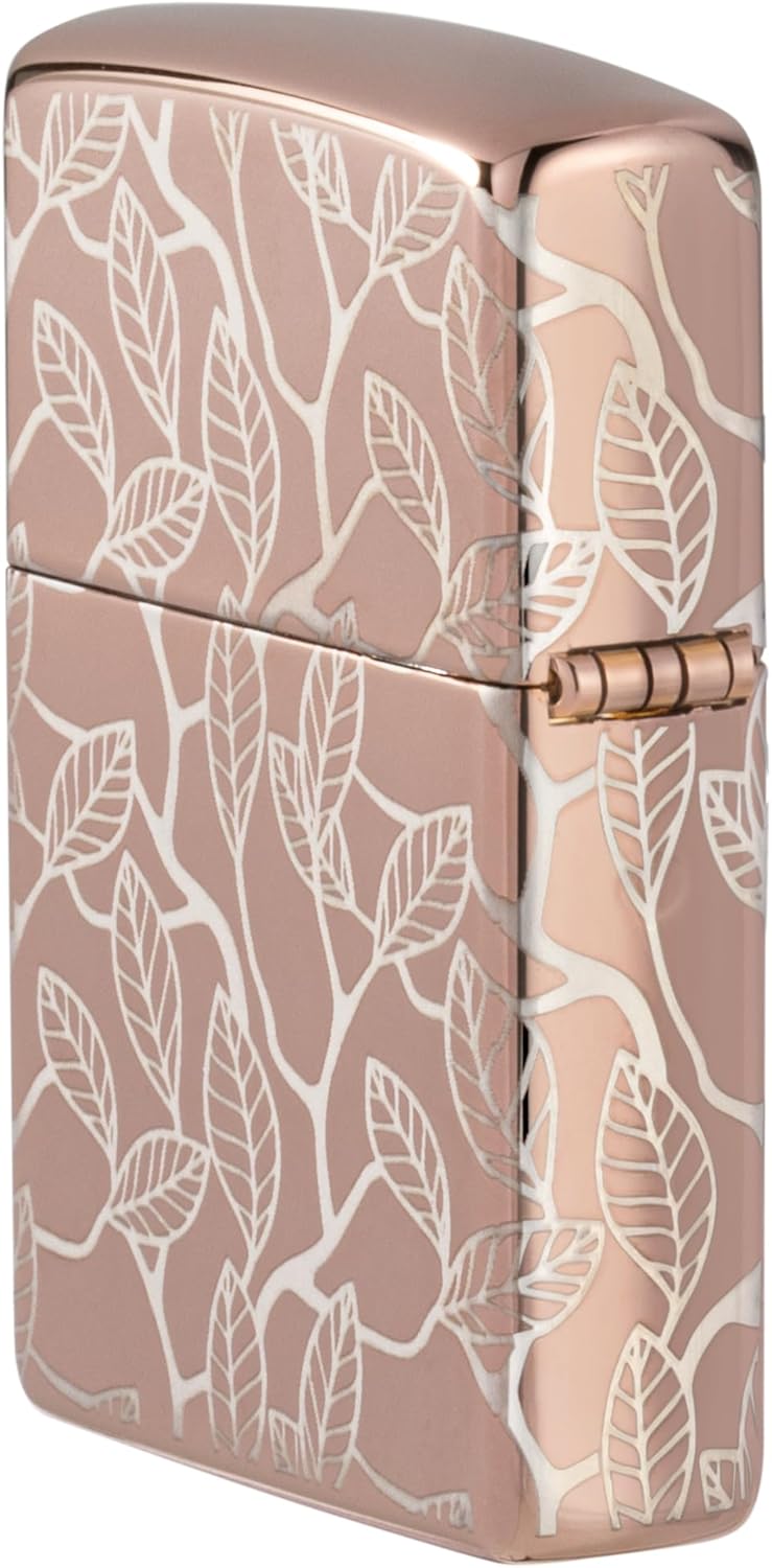 Zippo Windproof Lighter, Vine and Leaves, High Polish Rose Gold, Laser 360°, Refillable, Reusable, Windproof Design, Gift Box, Made in USA