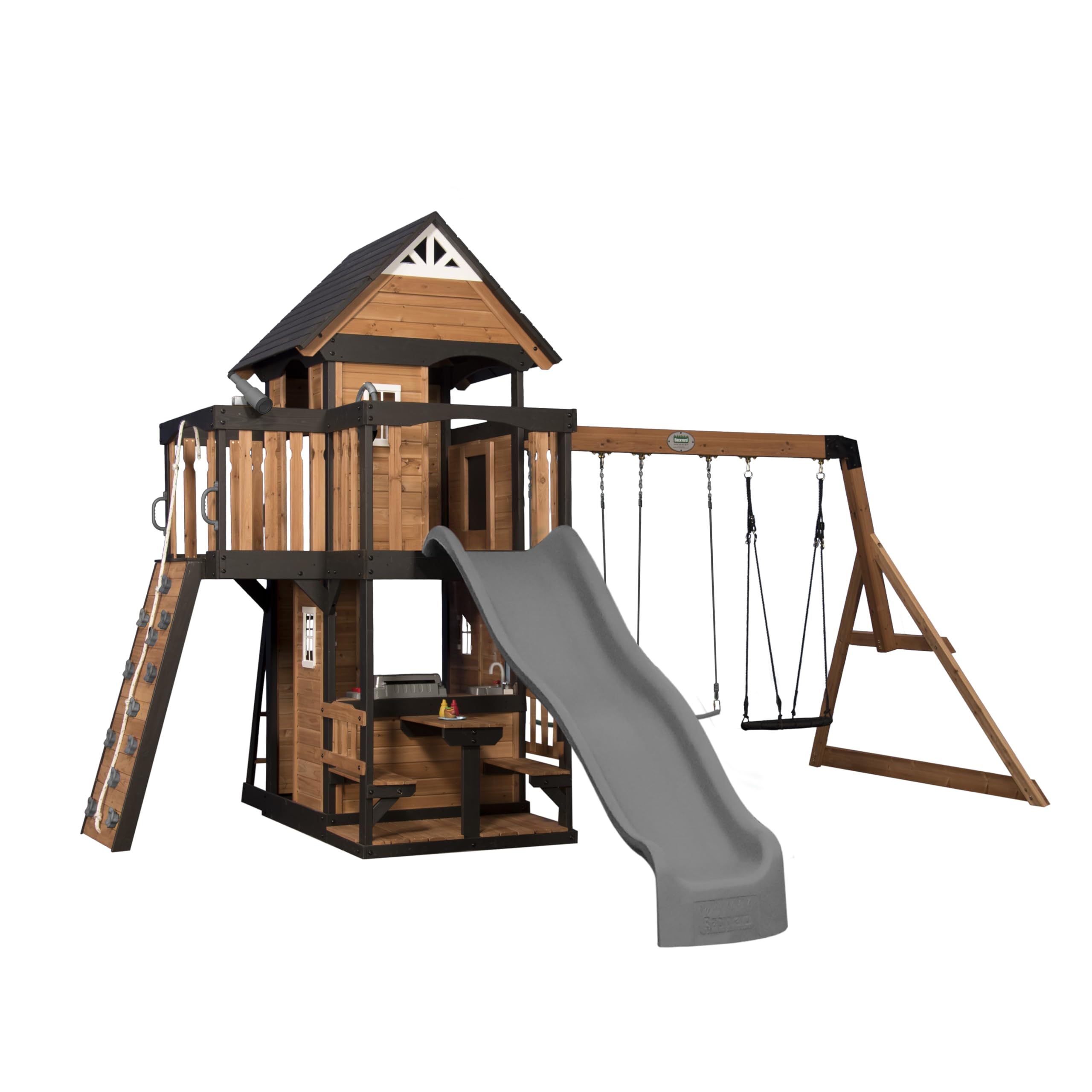 Backyard Discovery Canyon Creek Parque Infantil/Casita de Madera | Incluye Columpios/Tobogan/rocodromo/Mesa de Picnic | para Exteriores, en el Jardin