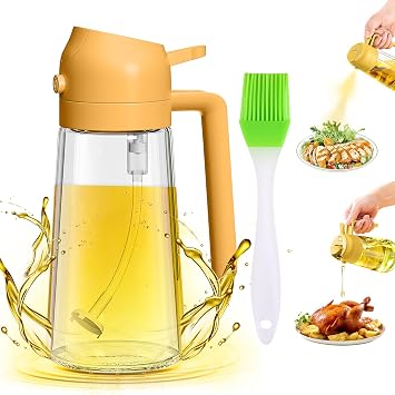 2 in 1 Glass Oil Sprayer & Dispenser,2024 New 2-in-1 Olive Oil Dispenser Bottle for Kitchen 470ml with brush,Food-grade Oil Mister Spray Bottle for Cooking, Air Fryer,Salad,BBQOrange, 470ml
