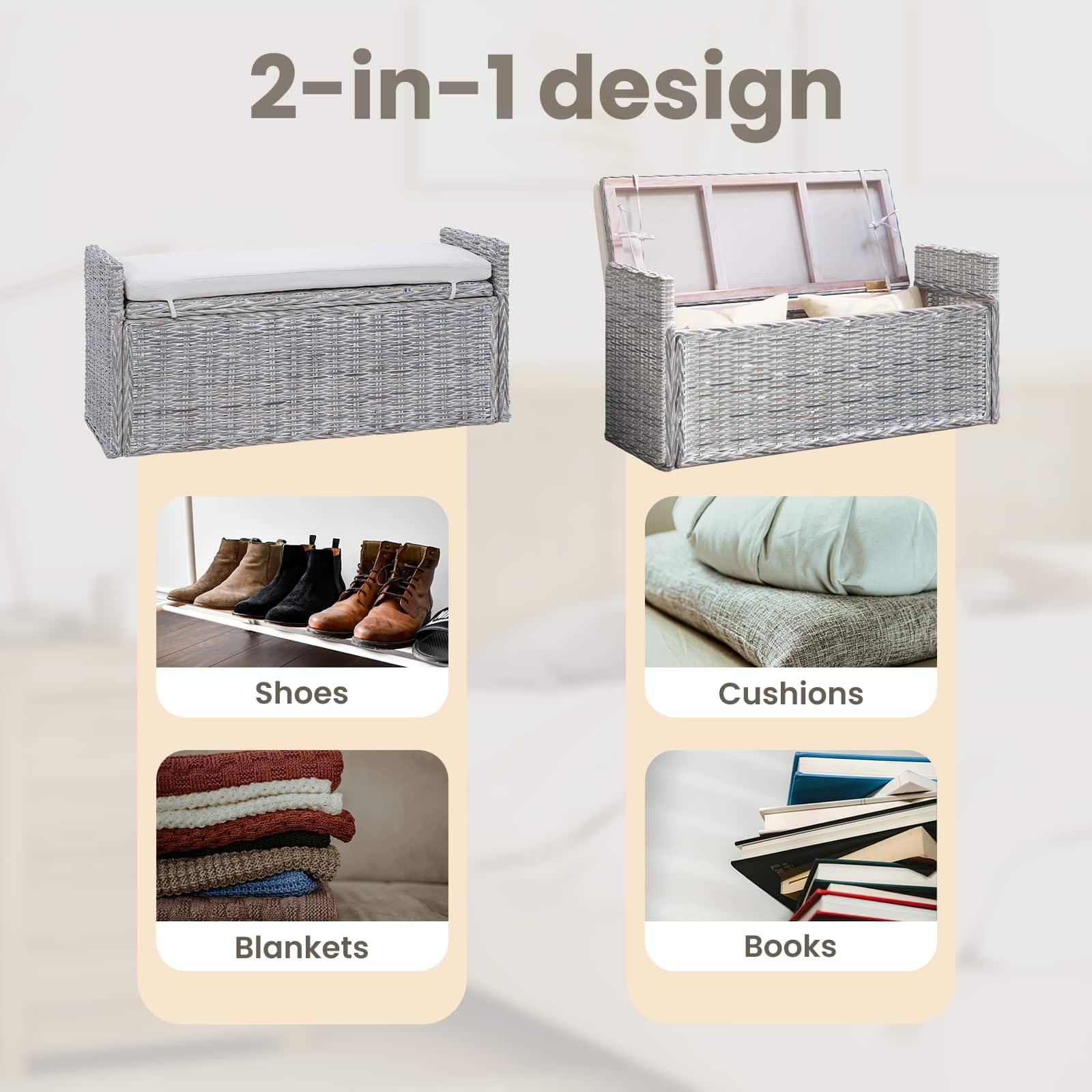 vidaXL Panchina con Contenitore Bianco Lavato 110 x 40 x 50 cm Rattan, Panca portaoggetti per Salotto, Sgabello Rettangolare Moderno, Compatto per Ingresso o corridoio