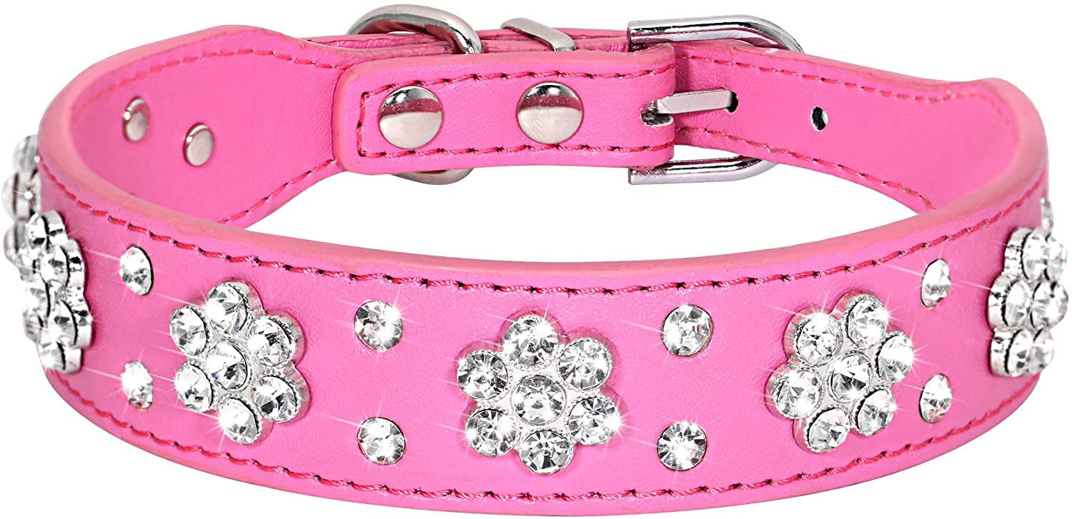 Serijoars Rhinestone Dog Collar - Cute Flower Bling PU Leather Collar for Cats and Dogs, Adjustable Sizes XS Small Medium (M, Hot Pink)