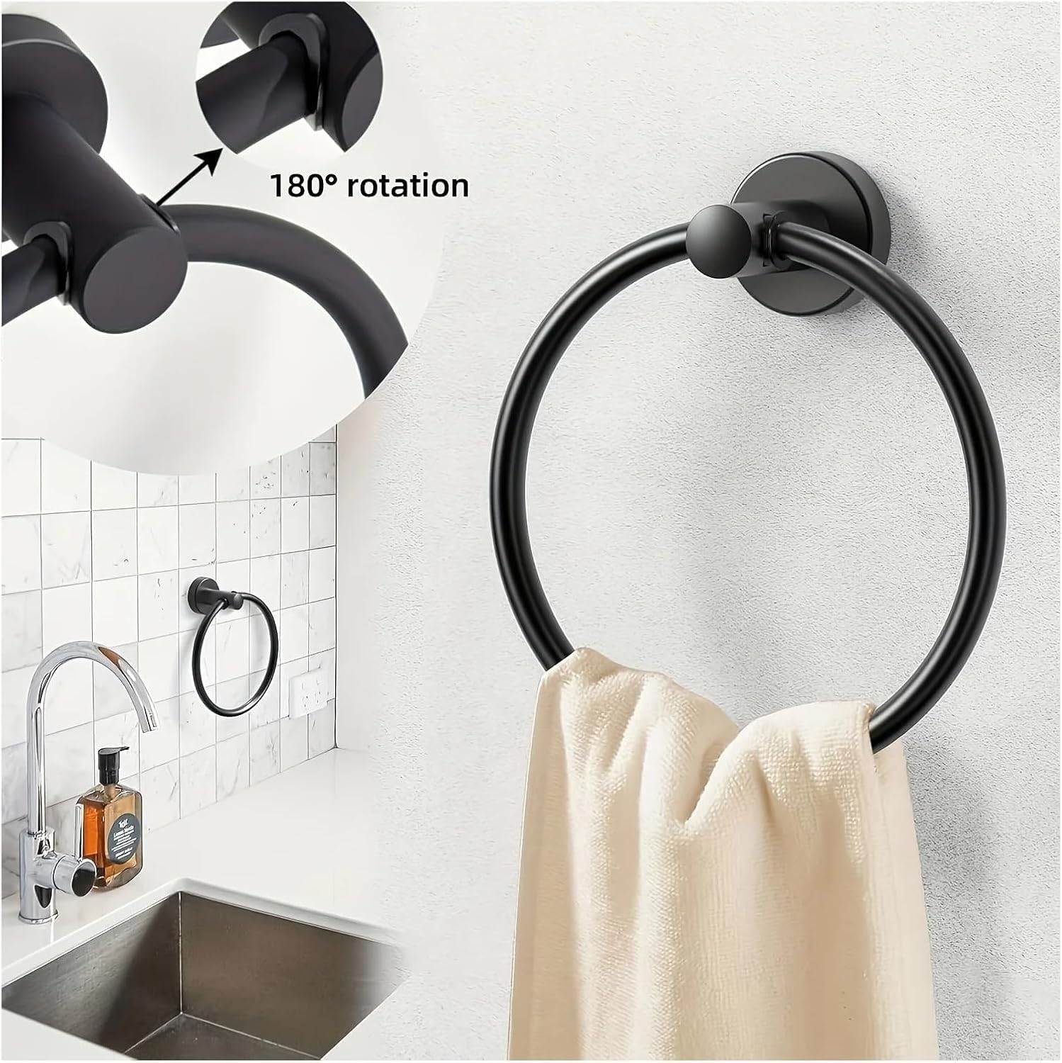 Anilla para Toallas, Toallero de Pared for baño, Acero Inoxidable, Redondo, 16,3 x 7 cm, Multicolor(Black)