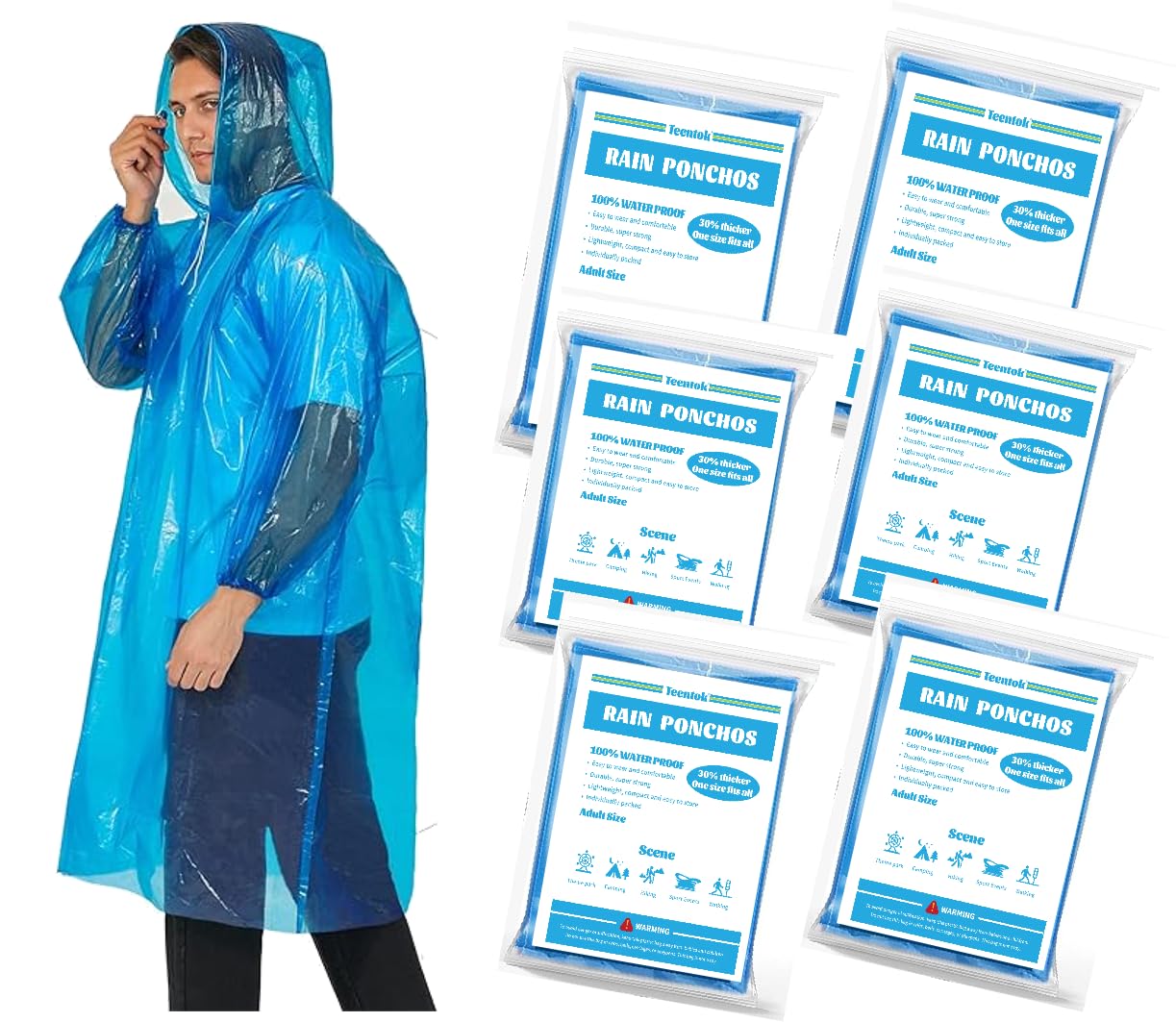 Teentok Men's Blue 6 Pack Poncho Waterproof Rain Poncho For Adult - Disposable Ponchos For And Wo With Hood And Sleeves For Outdoor Recreation, Festivals, Camping, Hiking