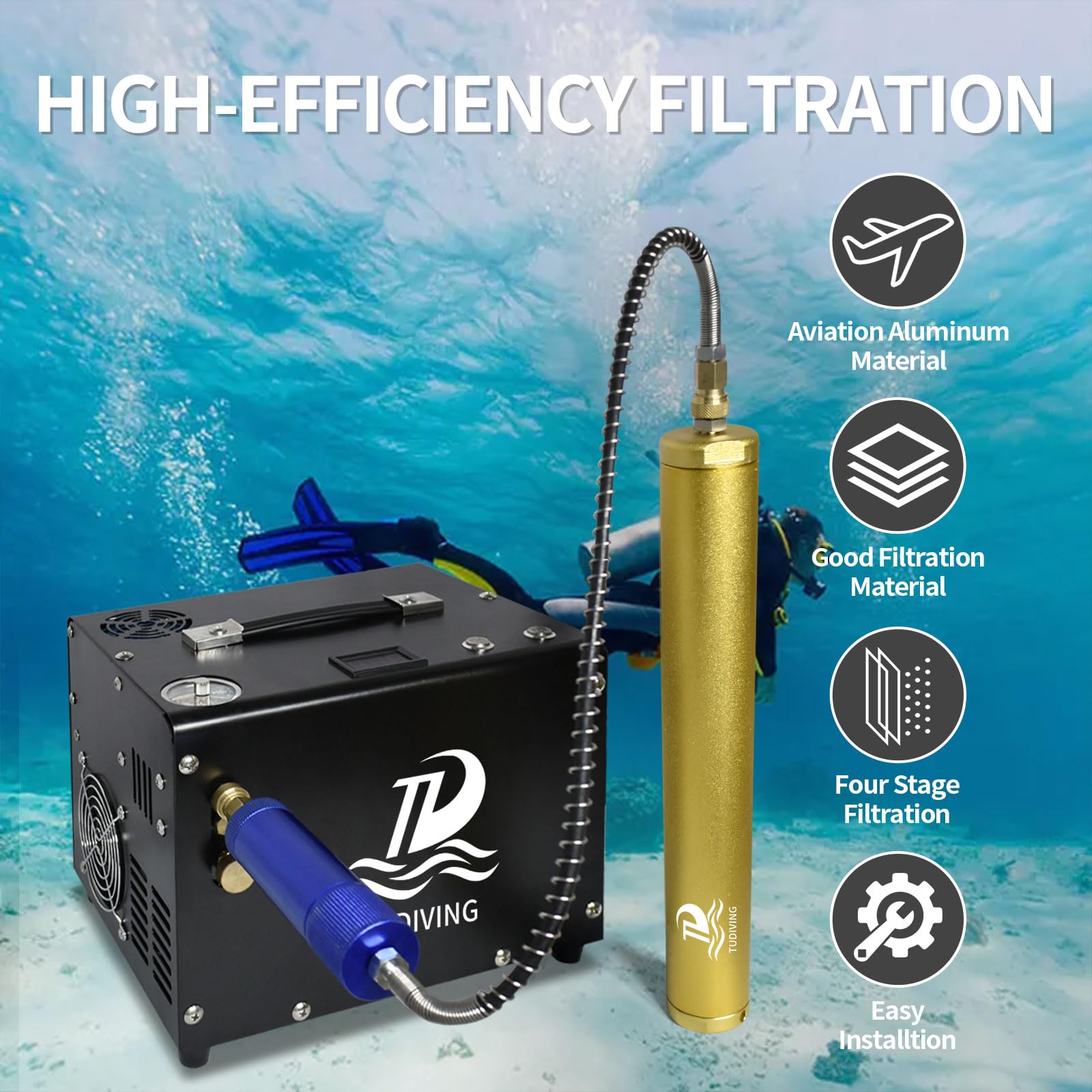 TUDIVING - Pcp separatore di olio e acqua setaccio molecolare, filtro compressore d'aria ad alta pressione 4500 psi con connettore rapido da 8 mm per carro armato Pcp fucile ad aria compressa