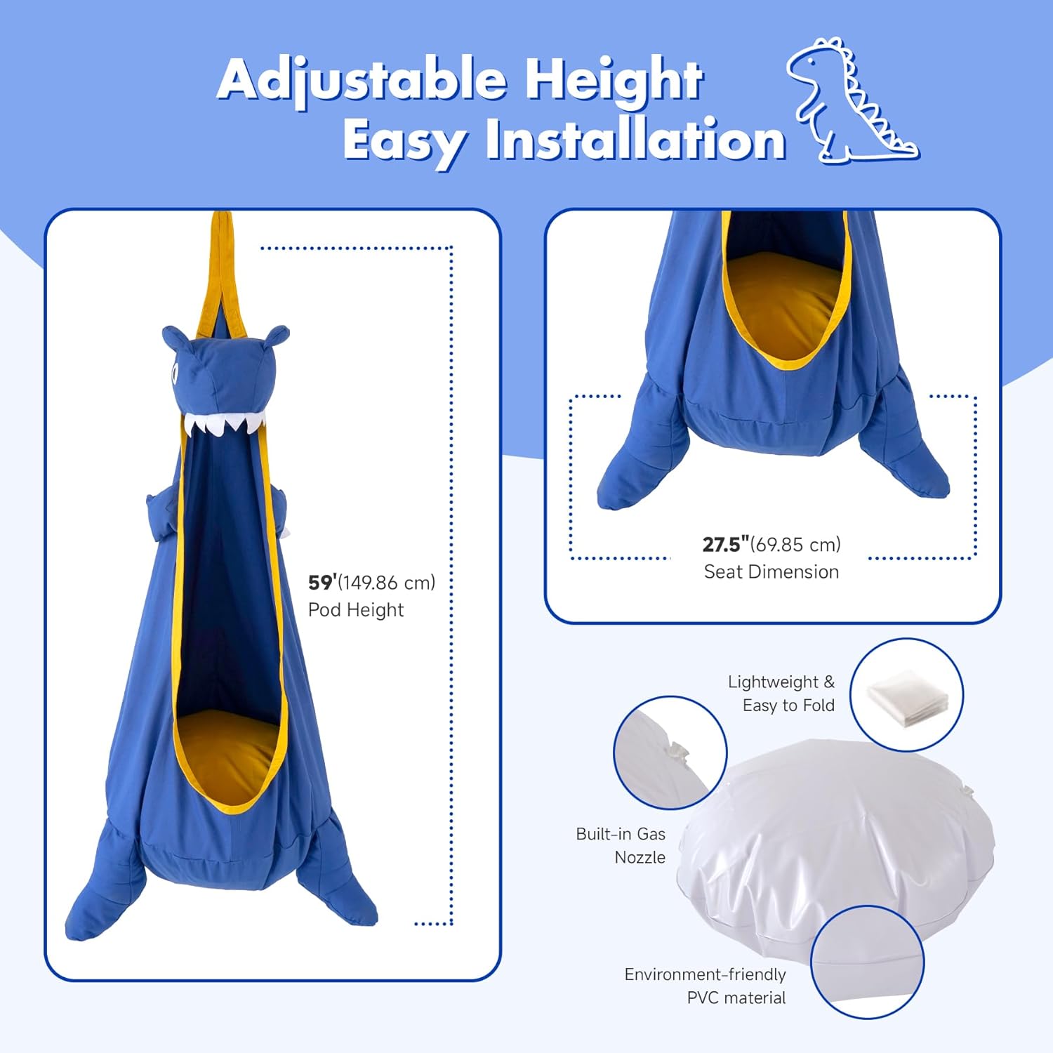 Kids Pod Swing Seat, Dinosaur Shape Canvas Swing Chair, Child Sensory Swing Hammock with Hanging Kits for Indoor/Outdoor Use (Deep Blue)